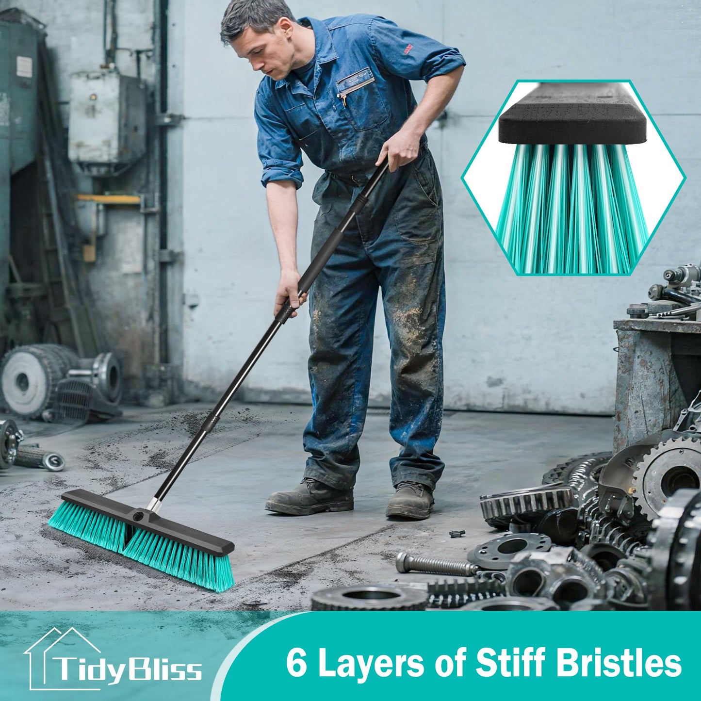 TidyBliss 18” Push Broom Outdoor Heavy Duty 3 Pack, Large Commercial Stiff Bristle Brush with 63 inches Long Handle for Garage Shop Garden Yard Patio Deck Street Warehouse Lawn Driveway (Green)