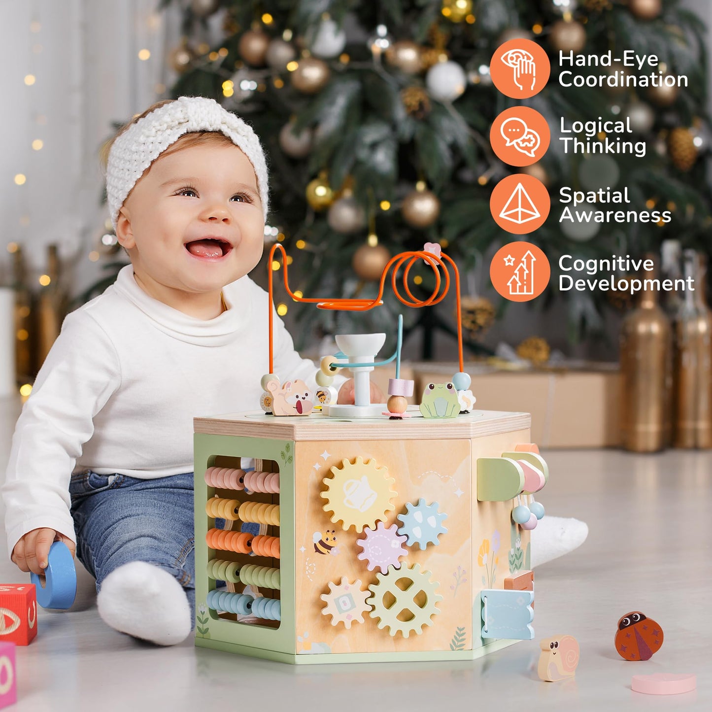 ROBOTIME Wooden Activity Cube for Toddlers, 13 in 1 Montessori Baby Activity Cube, Baby Play Cube Toy with Educational Features, Gift Wooden Cube Toy for Boys & Girls - 1 Year +