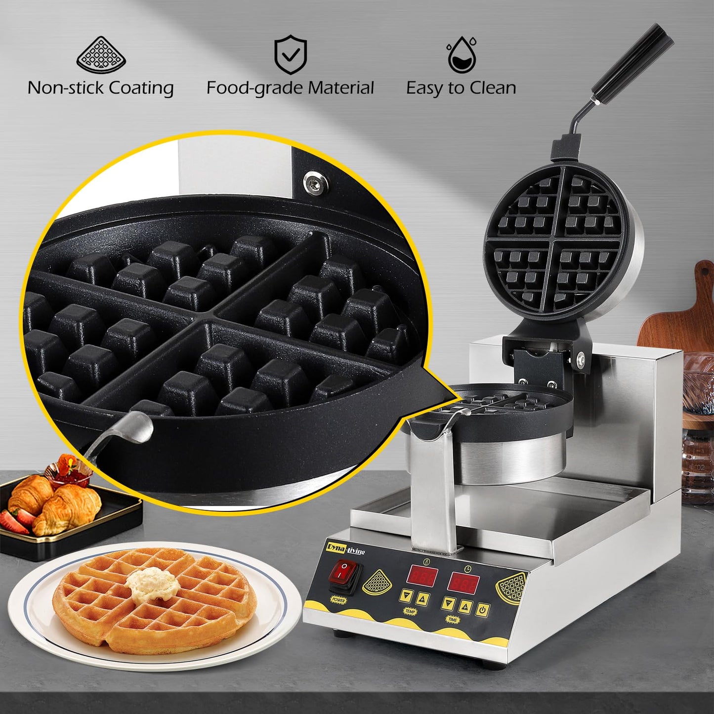 Dyna-Living Belgian Waffle Maker 180° Rotating Commercial Waffle Maker Intelligent Commercial Waffle Iron for Restaurant, 1200W Professional Waffles Machine for Home Use