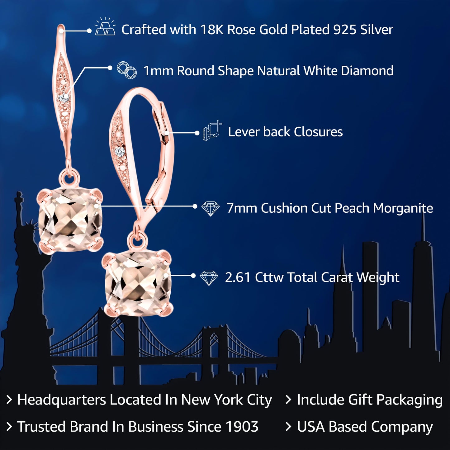 Gem Stone King Drop Dangle Earrings For Women | 7MM Cushion Cut Gemstone Birthstone and Diamond | 925 Sterling Silver | Jewelry Gift for Mom Wife Her | Morganite-October | Rose Gold