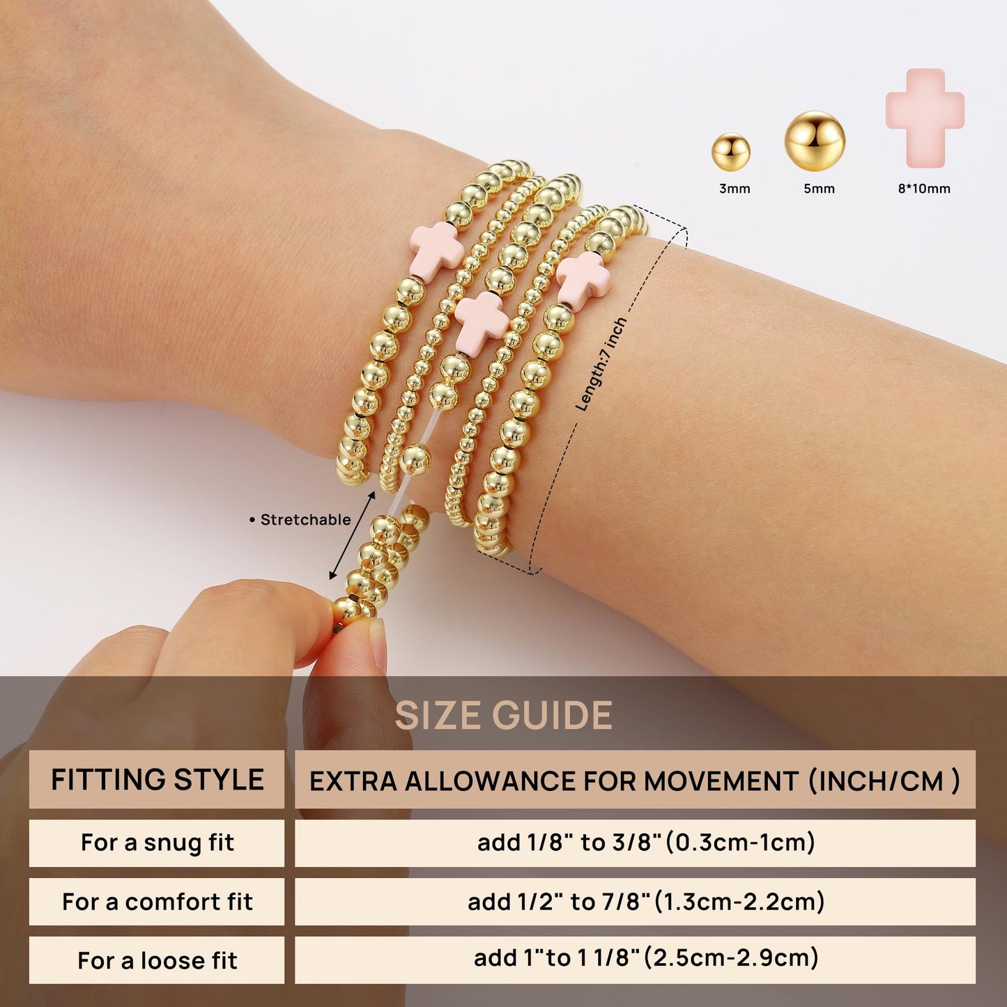 Yoosteel Gold Beaded Bracelets Set for Women Teen Girls - 14k Gold-Plated Dainty Beaded Cross Pearl Bracelet for Women Teenage Girl Gifts Stackable Jewelry Gifts 6 Pcs