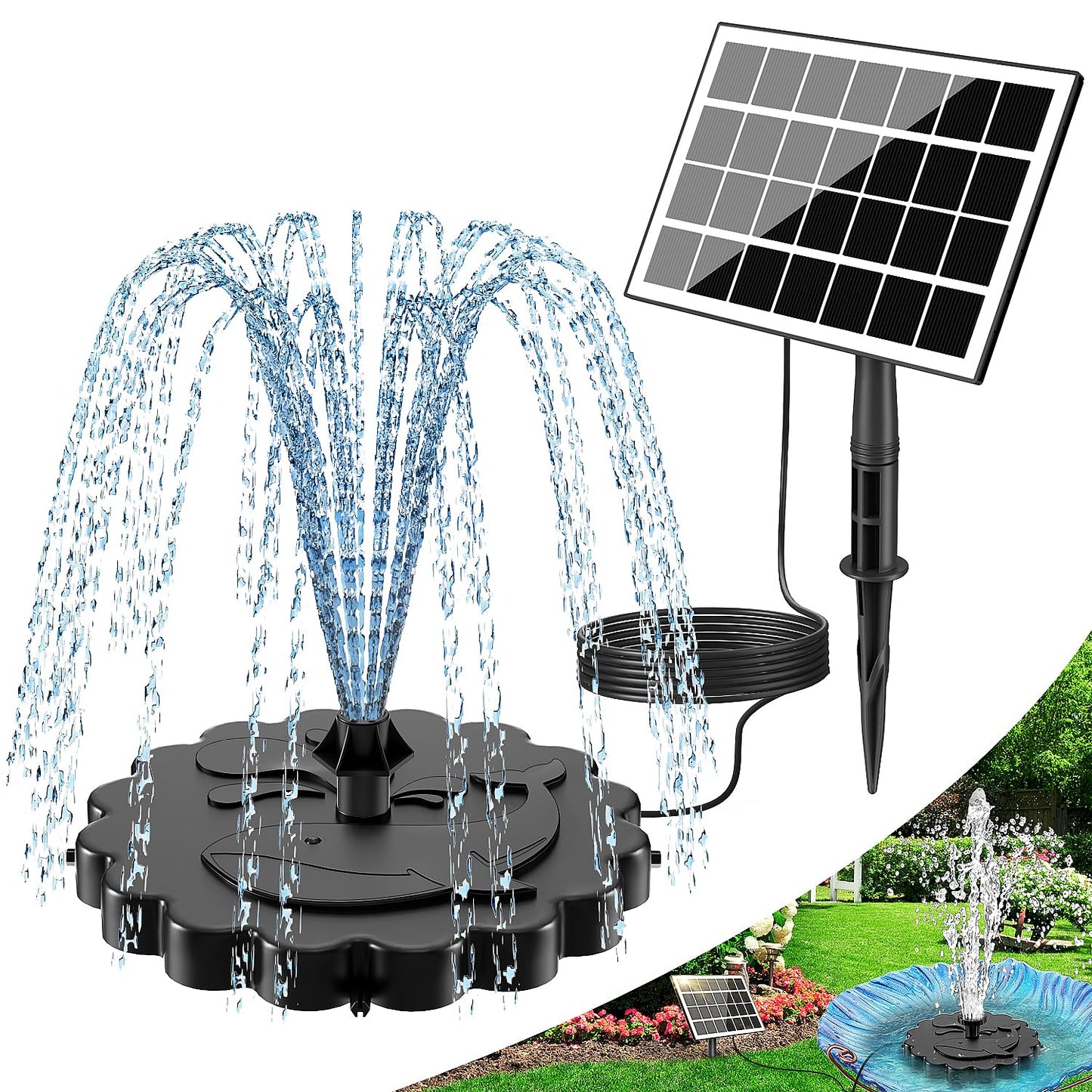 SZMP 3.5W Solar Fountain Pump, All-Glass Panel Solar Water Pump Kit with Stake & 4 Anti-Drift Rods, 9.8FT Cable 8 Nozzles for Bird Bath, Garden, Backyard, Fish Tank