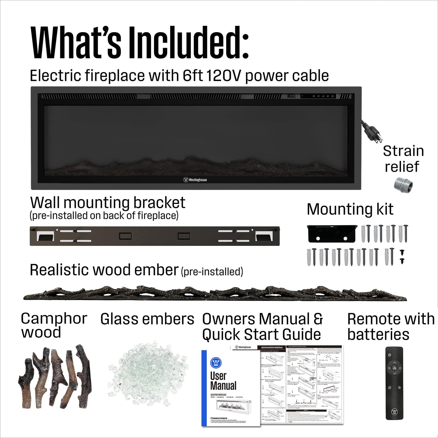 Westinghouse 50 Inch Electric Fireplace Heater, Compatible with Alexa & Google Home, Wall Mount or in-Wall Recessed Fireplace Insert, 24 Hour Timer, Color Changing Flames, 750W/1500W Indoor Heater