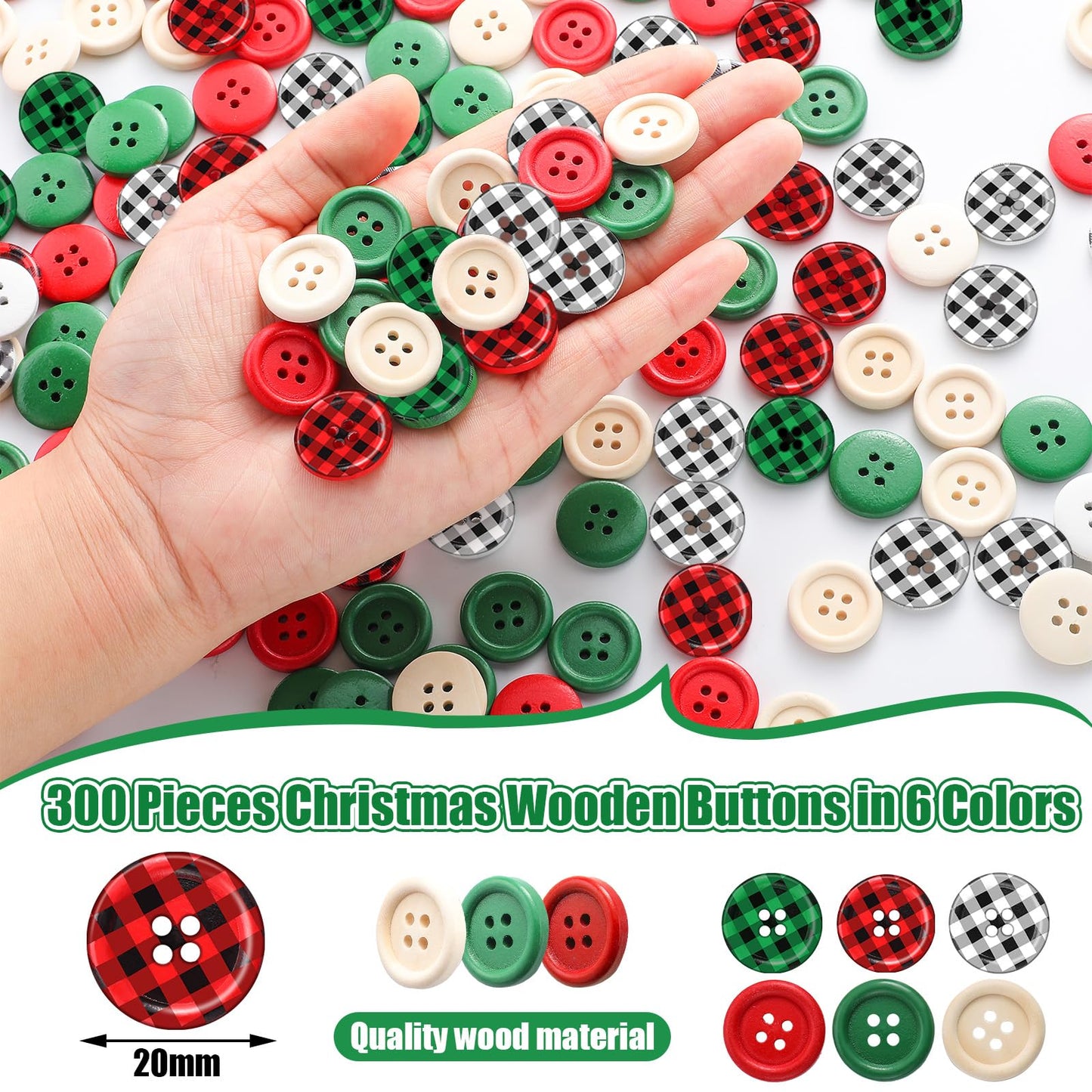 Luinabio 300 Pieces Christmas Buffalo Plaid Wood Buttons 4 Holes Black Red Wooden Gingham Craft Buttons Round Decoration for DIY Sewing Christmas Stocking Decor 0.79 Inch 6 Style