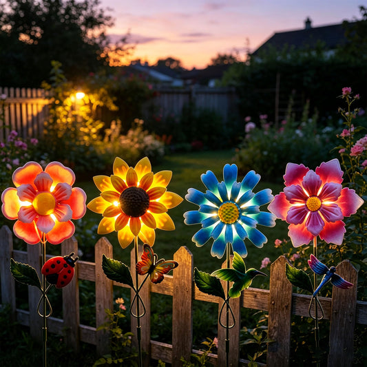 4 Pack Outdoor Solar Lights,Outdoor Waterproof Metal Art Stick Flowers,Garden Decor for Women Mom Grandma Halloween Hanging Metal Stakes Lights for Garden,Lawn,Patio