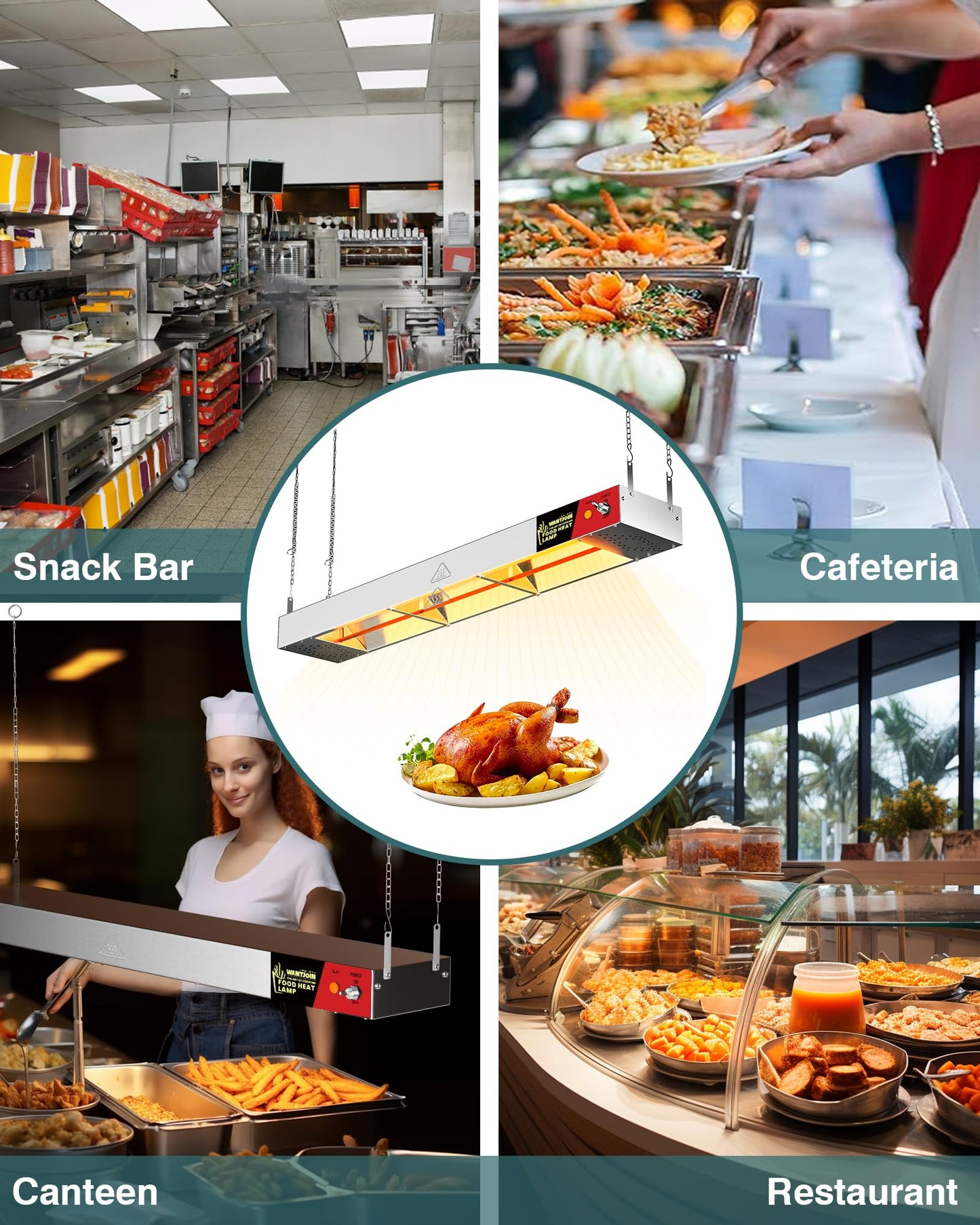 WantJoin Food Heat Lamp - 36 Inch 500W Commercial Heating Lamp for Food Hanging Warming Lamps 500W Stainless Steel Electric Strip Heater with Warm Lights for Service Cafeteria Restaurant Kitchen