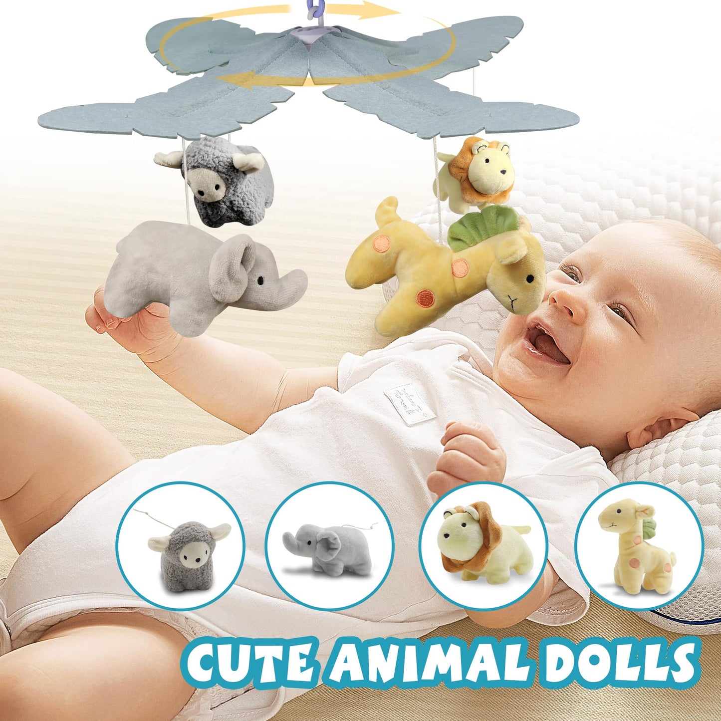 SUMWE Baby Crib Mobile with Music and Lights for Boys Musical Mobile Animals for Crib Bassinet Girls Toys Hanging Portable Safari Nursery Decor Blue