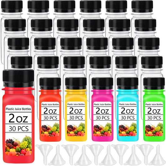 30PCS 2oz Small Plastic Shot Bottles with Caps,Reusable Clear Juice Containers,Empty Plastic Containers with 10 Funnels for Ginger Shots,Liquids,Beverages