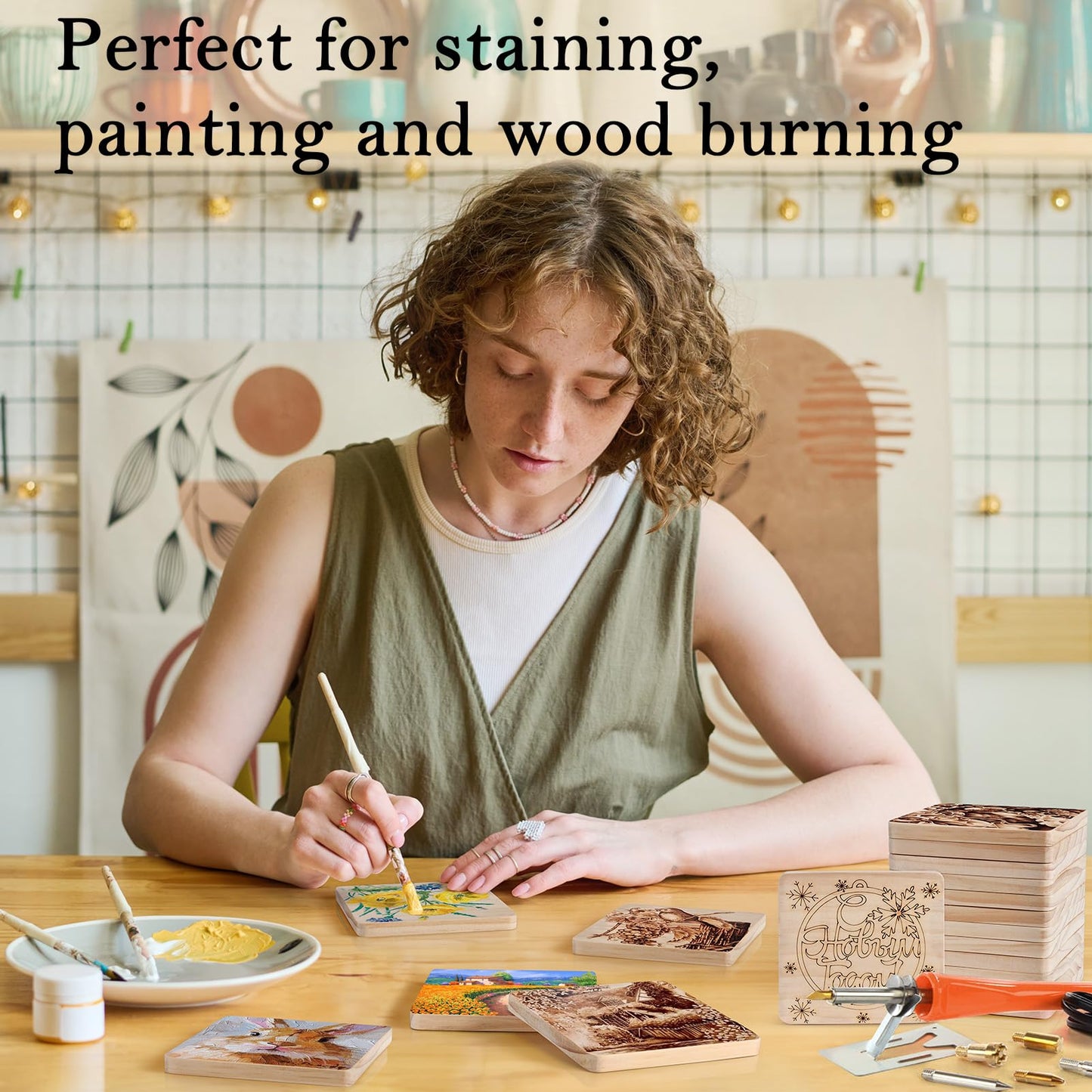 60 Pieces Unfinished Wood Coasters, GOH DODD 4 Inch Wooden Blanks with Non-Slip Pads for Laser Engraving Wood Burning Staining Painting Decoupage Housewarming Gifts Wedding Crafts Education, Square