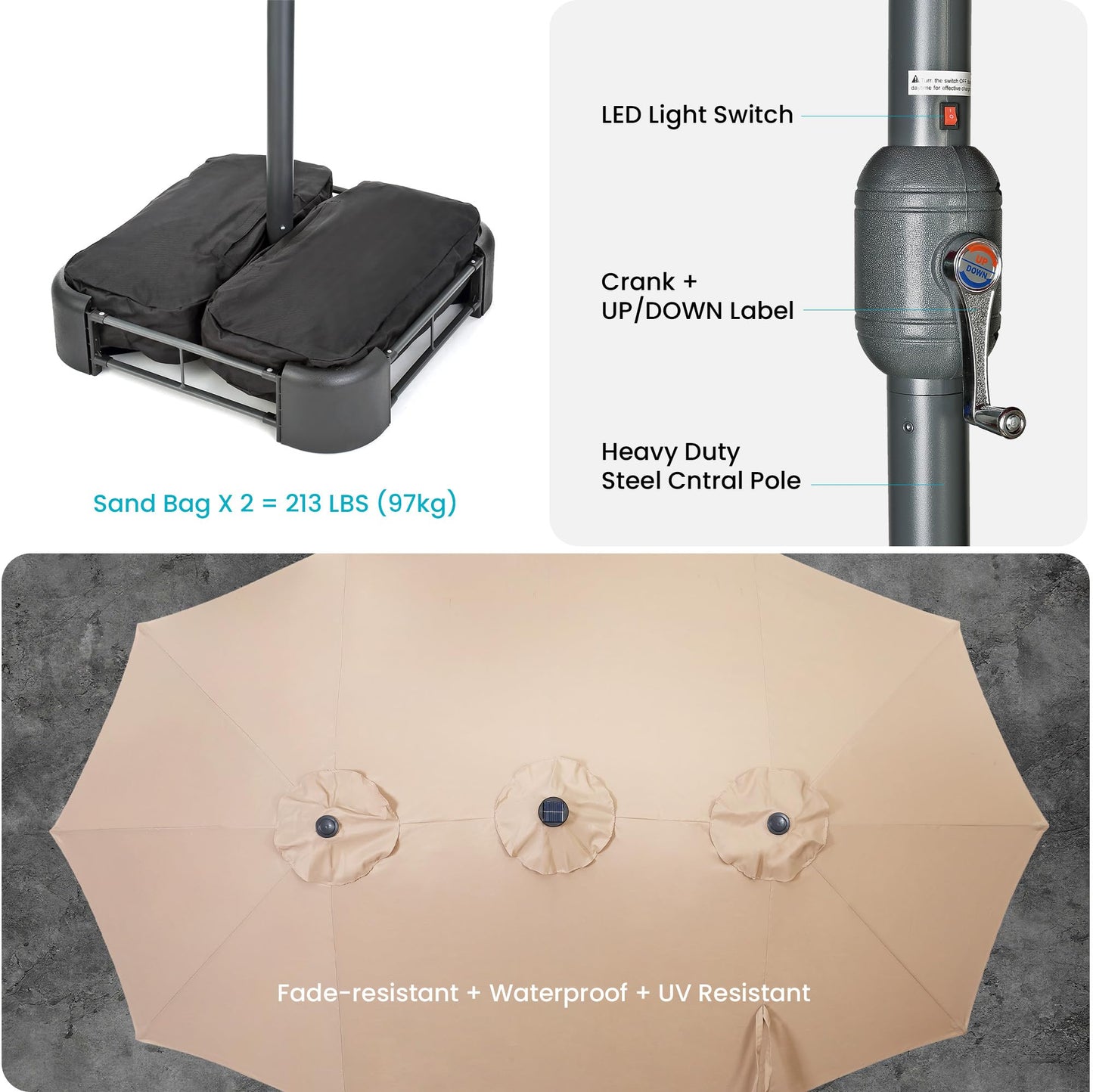 Home Zone Living 15x9 Ft Double Head Patio Umbrella with Base, 36 LED Lights, Sand Bags, UV Resistant & Waterproof, 213 LBS Total Weight, Beige Tan