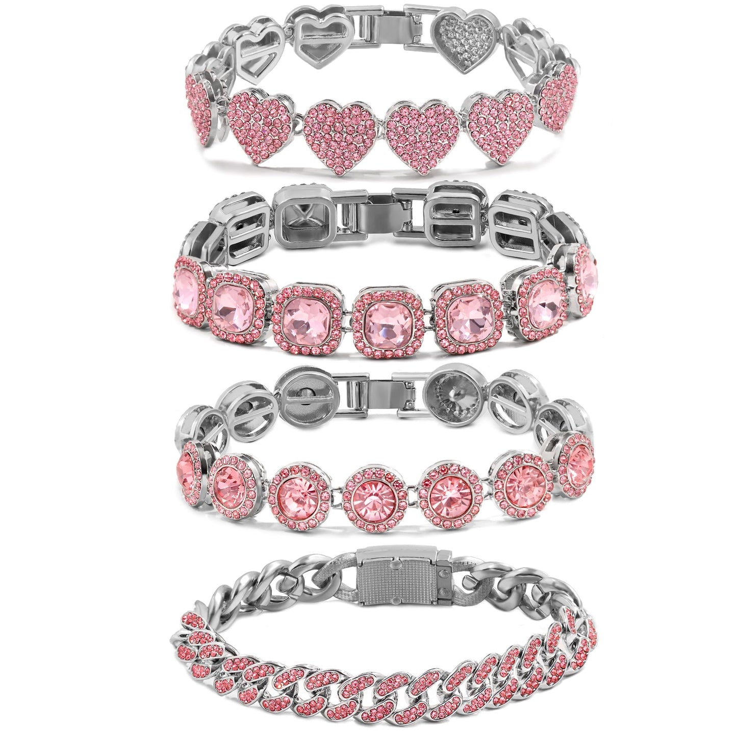 shopbyskyler 4PCS Gold Bracelets for Women Silver Clustered Tennis Bracelet for Women Heart Round Diamond Cuban Bracelet Layered Link Bracelet Set Fashion Jewelry for Women Set (Pink, 8inch)