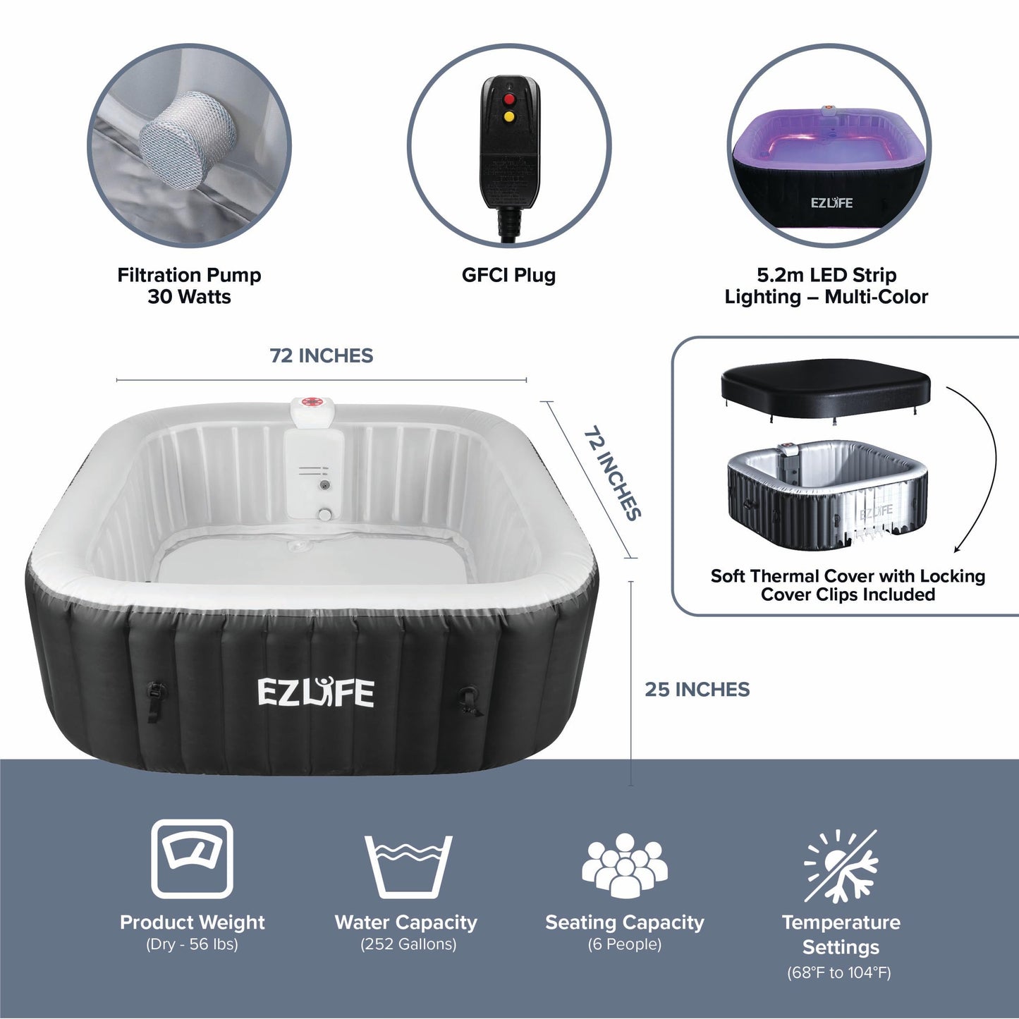 EZLIFE 6-Person Inflatable Square Hot Tub Spa with 130 Bubble Jets, LED Light Strip, 1350W Heater & Cover – Portable Outdoor Spa Pool for Adults (72"x72")