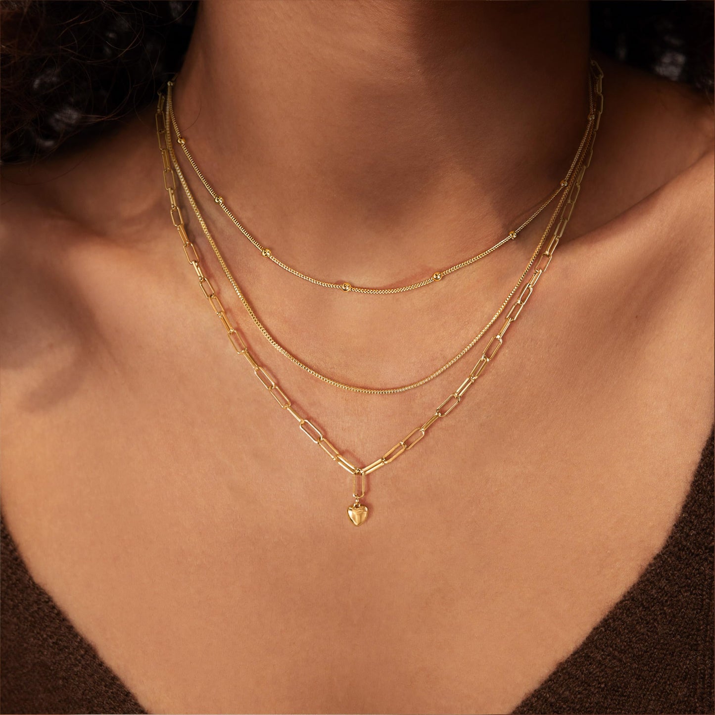 Layered Gold Necklaces for Women Trendy,Dainty 14K Gold Plated Heart Pendant Necklace Stack Statement Paperclip Beaded Box Necklace Chain Gold Stackable Layered Necklaces for Women Fashion Jewelry Set