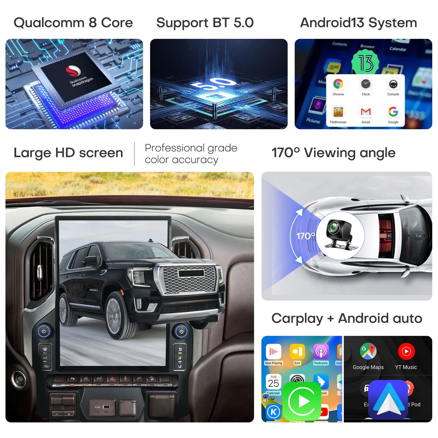 Qualcomm Car Radio for Chevrolet Silverado GMC Sierra 2019 2020 2021 2022 2023 Upgrade Stereo Replacement Android 13 Carplay Android Auto 15.6 Inch 2K IPS Touch Screen Tesla Style Head Unit