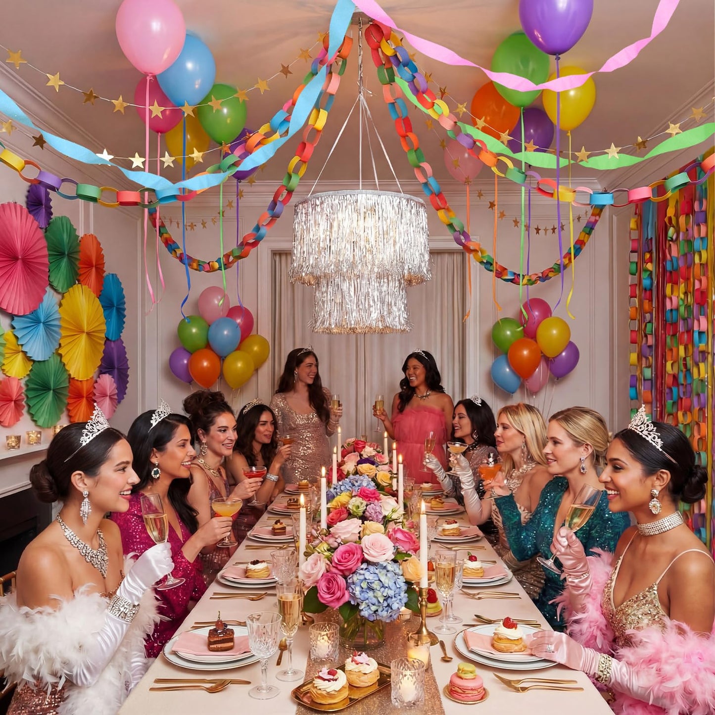 Blueweenly Fancy Princess Birthday Party Decorations Set Paper Chain Garland Strips DIY Crafts Crepe Paper Streamer Glitter Star Fringe Chandelier Balloons for Wedding Birthday(Rainbow,Small,8 Pcs)