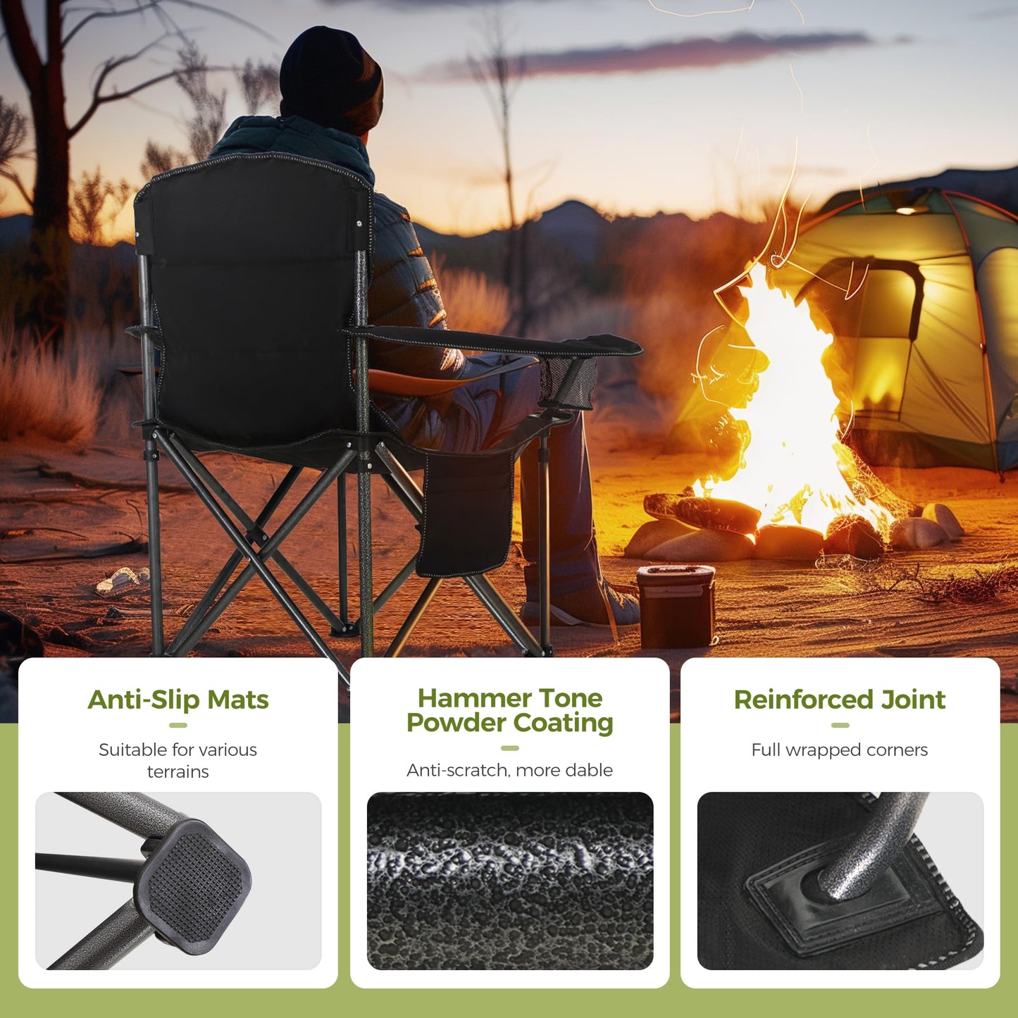 ALPHA CAMP Heavy Duty Camping Chair 500 LBS Capacity, Oversized Folding Chair for Heavy People, Padded Portable Outdoor Chair with Cooler Bag & Cup Holder for Camping, Fishing, Beach,Black,2PC