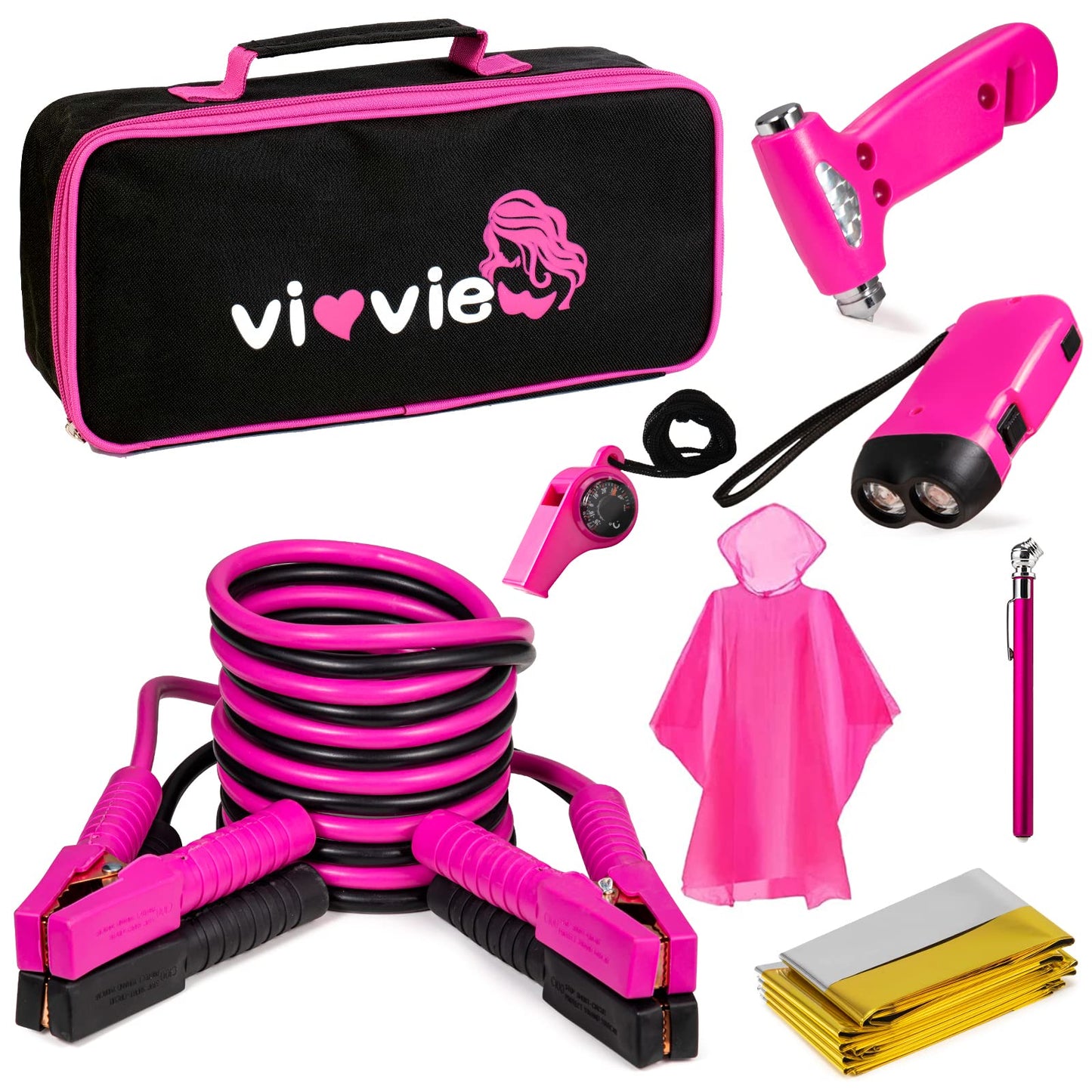 vioview Roadside Emergency Car Kit for Vehicles, Car Safety Kit with Jumper Cables, Safety Hammer, Pink Car Accessories Road Trip Essentials Assistance Kit for Teen Girls Women