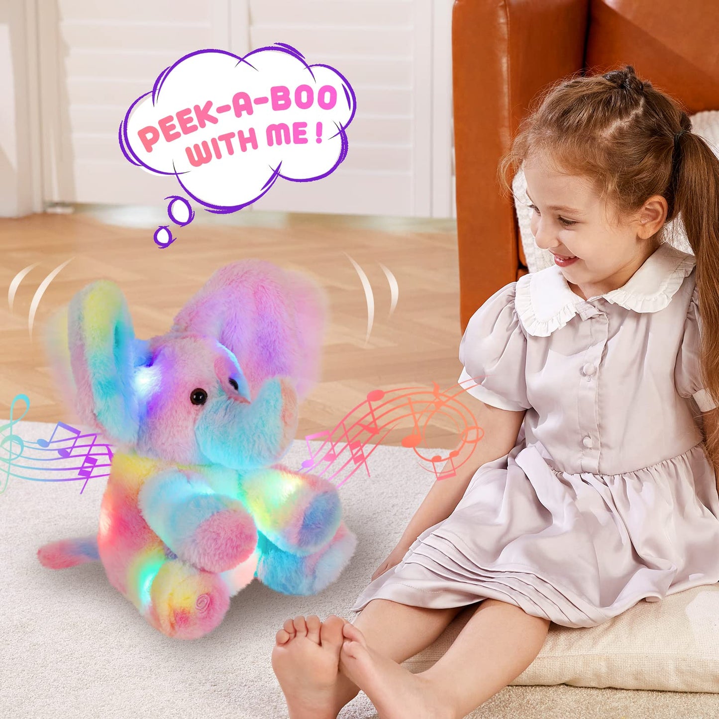 Glow Guards 12'' Light up Peek-a-Boo Elephant Stuffed Animal Musical Rainbow Elephant Singing Stuffed Animal Electric Interactive Toys Christmas Holiday Birthday Gifts for Toddler Kids