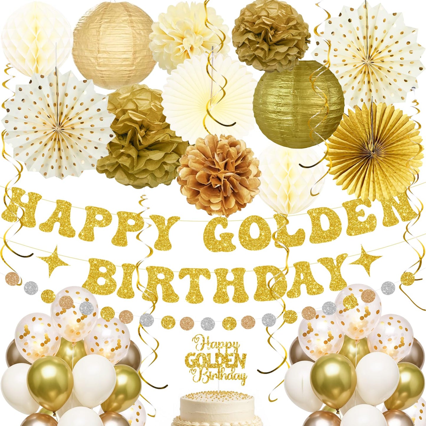 Golden Birthday Party Decorations,Gold Birthday Decorations with Happy Golden Birthday Banner,Paper Lanterns,Tissue Pom Poms,Fan,Gold Cream Balloons for Women Men,Photo Backdrop Decor,Gold Party
