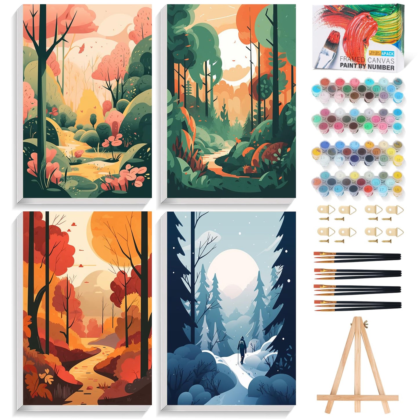Offito 4 Pack Framed Paint by Numbers Kit for Adults Beginners with Wooden Easel, Four Seasons Easy Paint by Number Kit with Frame, Watercolor Adult Paint by Number Framed Canvas (8 * 12 Inch)