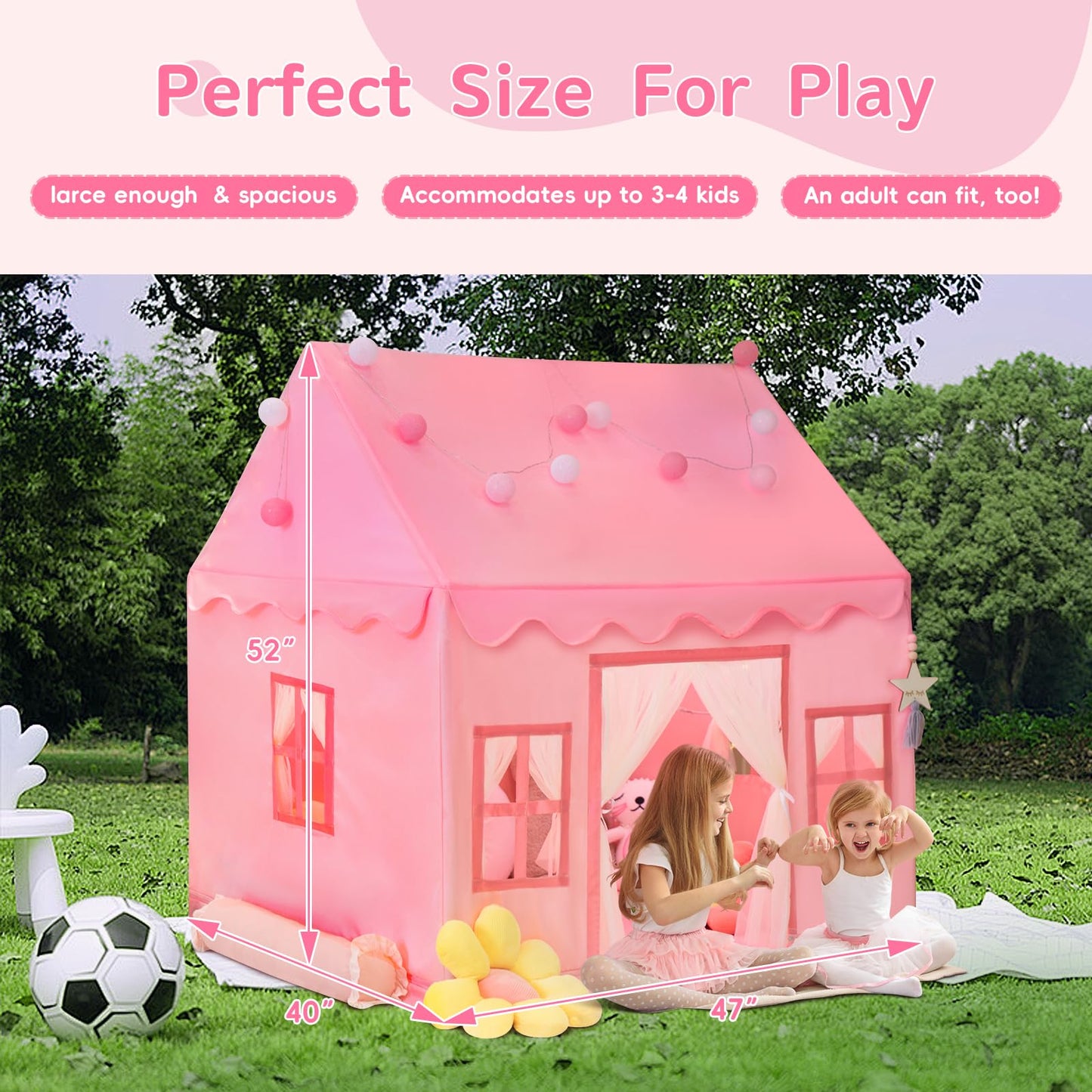 RONGFA Large Kids Tent Playhouse Padded Mat with Star Lights, Flags and Tote Bags, Play Tent Indoor & Outdoor, Washable Teepee Tent for Boys & Girls, Kids Play House for Toddler（Pink）
