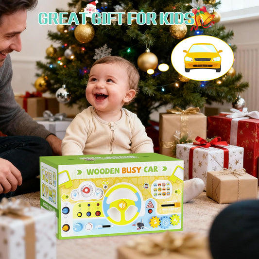 Yuyctwg Montessori Car Busy Board for Toddlers, Wooden Sensory Steering Wheel Activity Baby Toy with Lights, Buttons, Gears & Key Start, Kids Interactive Educational Toys for Boys Girls