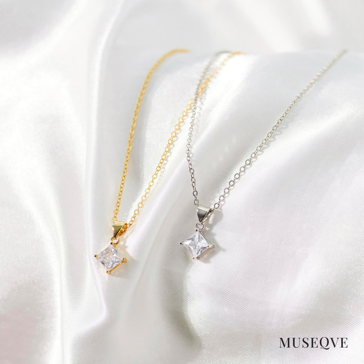 MUSEQVE 14K Gold Plated CZ Solitaire Necklace for Women • Princess Cut Square Rectangle Rhombus Cubic Zirconia Diamond Pendant Jewelry • Tarnish Free Adjustable Chain [CZN-RH-G]