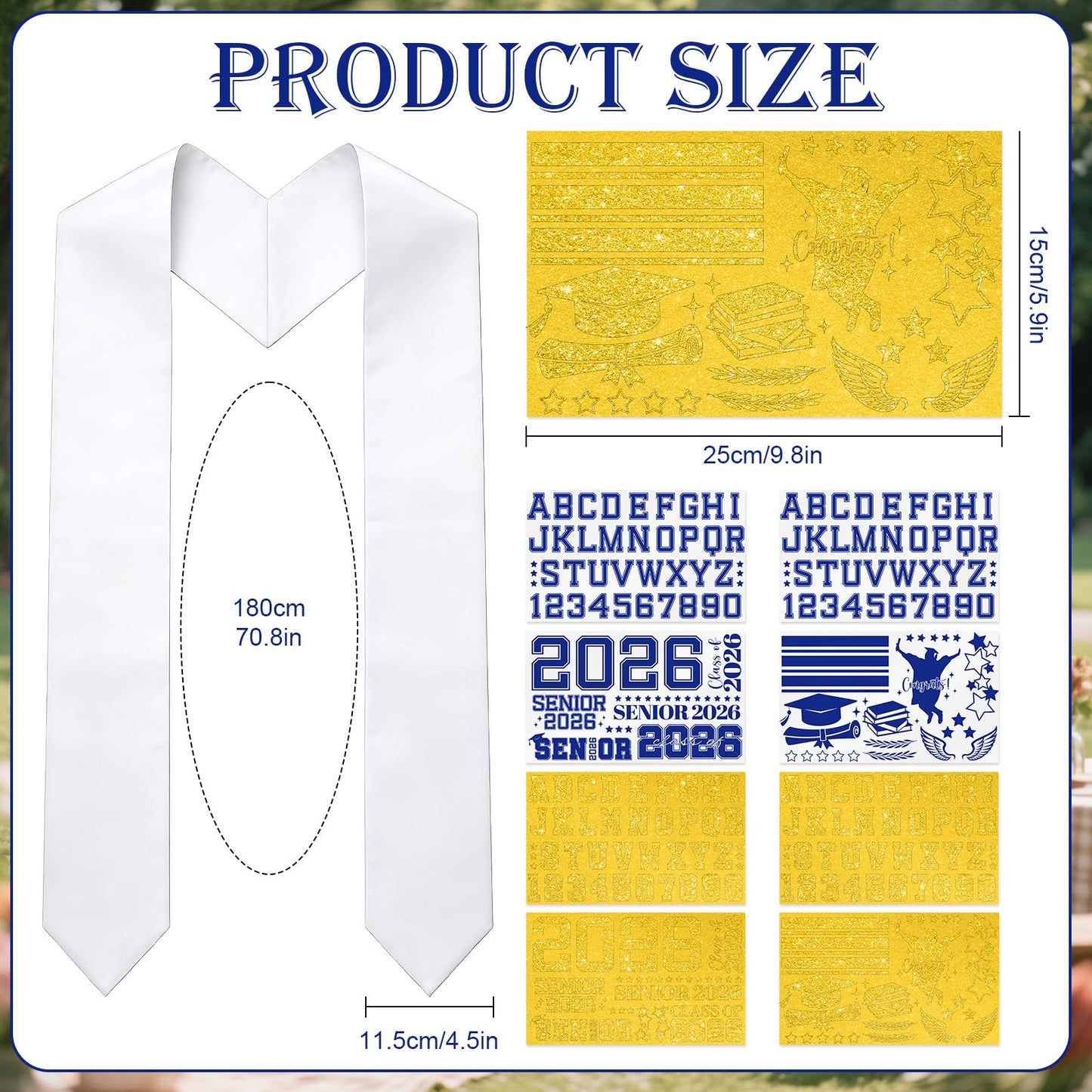 cosmisun Graduation Stole Class of 2026-9 Pcs Graduation Decoration 2026 with Iron on A to Z Letter 0 to 9 Number Patches, Unsex Grad Sash Decor Supplies for High School College (Blue Gold)