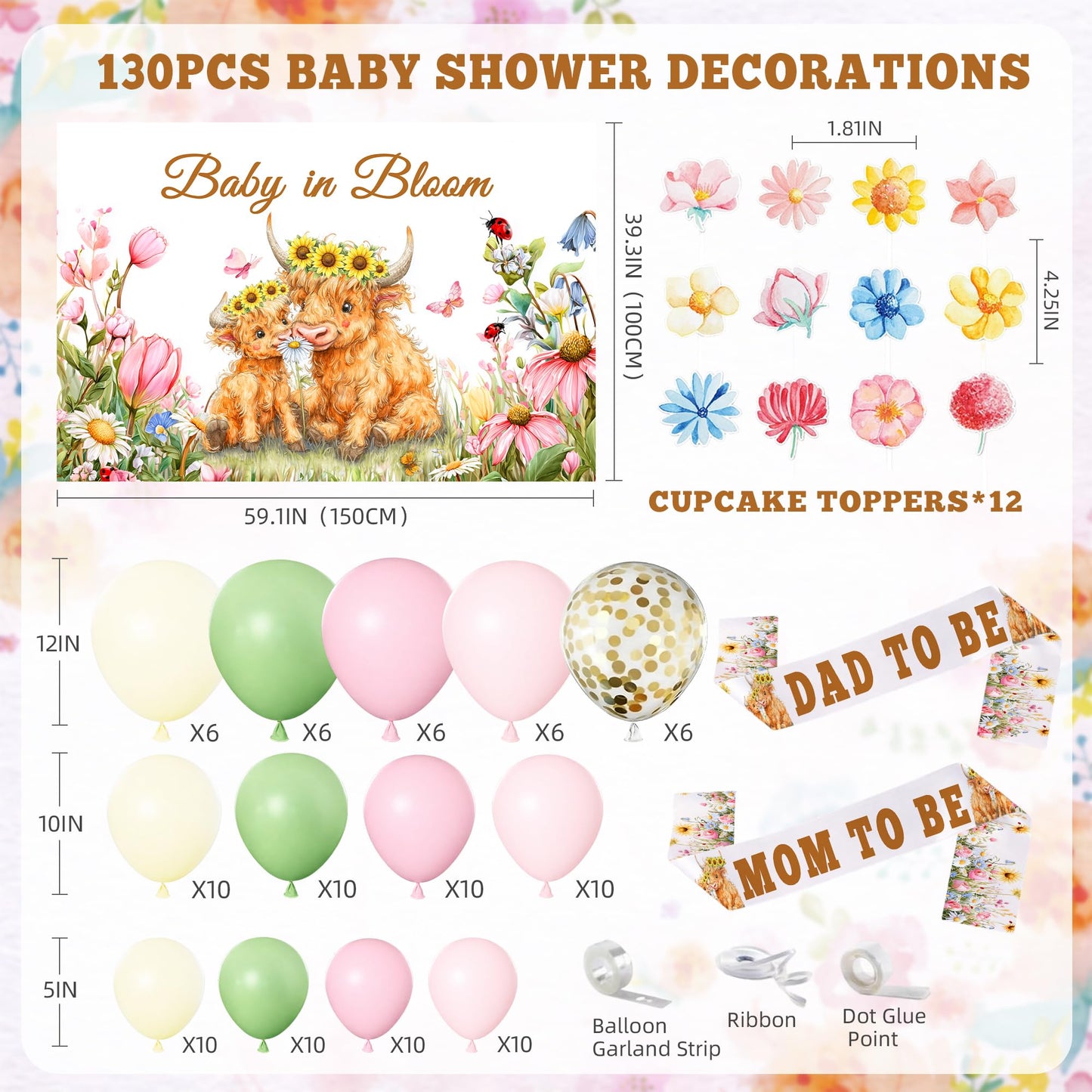 Baby in Bloom Baby Shower Decorations Kit 130PCS for Girl, Highland Cow Floral Baby Shower Decor, Pink Baby Shower with Balloon Garland Arch, Backdrop Banner, Cake Topper, Mom to Be & Dad to Be Sash