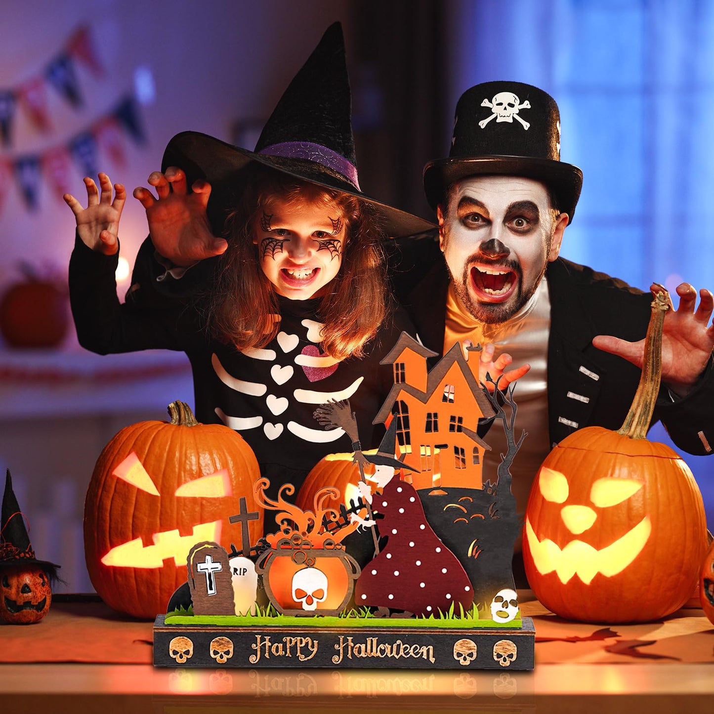 TrisolarSystem 2 Pieces Wooden Halloween Table Decorations Indoor, Festival Decoration Night Light, Witch Tombstone Castle Halloween Decor for Desk Table Fireplace Room Living Room Kitchen Office Bar