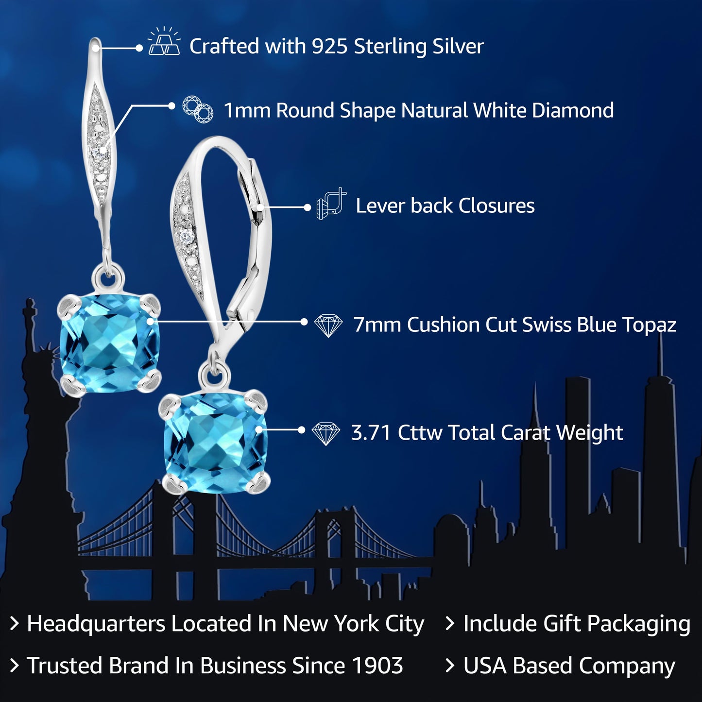 Gem Stone King Drop Dangle Earrings For Women | 7MM Cushion Cut Gemstone Birthstone and Diamond | 925 Sterling Silver | Jewelry Gift for Mom Wife Her | Swiss Blue Topaz-November | Sterling Silver