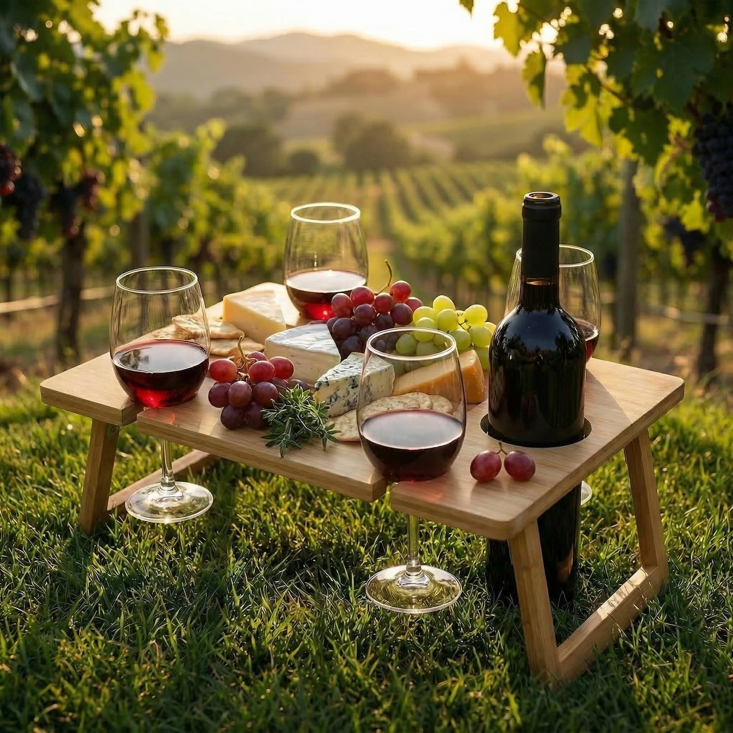 Peohud Portable Wine Picnic Table, Foldable Champagne Picnic Snack Table Tray, Wooden Outdoor Picnic Table with Glass Holder for Park, Beach, Camping, Bed, Wine Lover Gift
