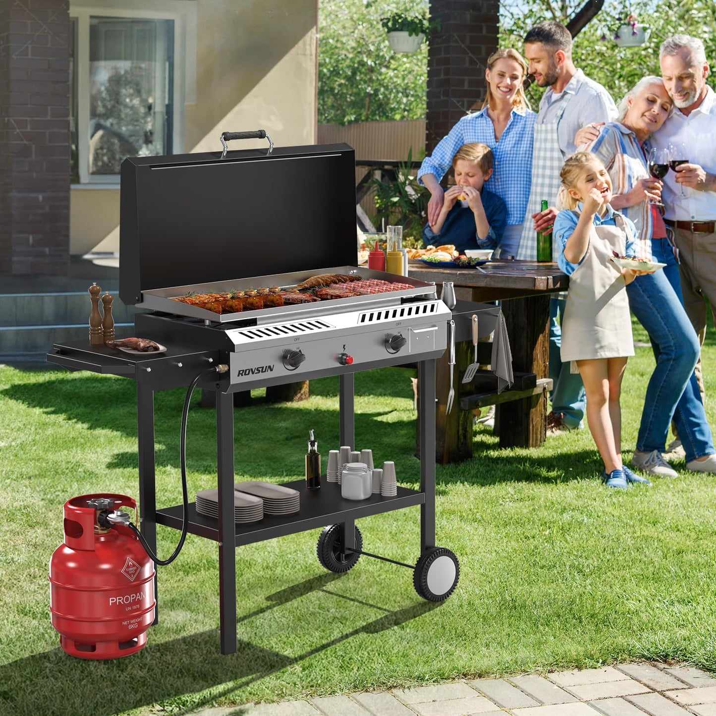 ROVSUN 2 Burner Outdoor Propane Gas Stove with Griddle, Auto-ignition, Regulator & Side Shelves, 150,000 BTU Powerful Stand Cooker for Backyard Cooking Home Brewing Canning Frying Grilling