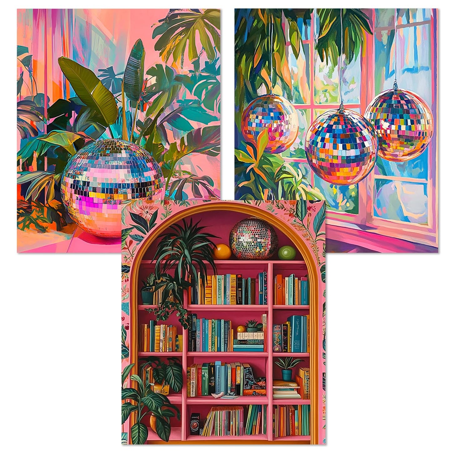 JWVK Trendy Maximalist Pink Diamond Art Kits 3 Pack, Funky Retro Eclectic Disco Ball Aesthetic DIY Diamond Gem Painting Art Kits for Girls Kids Adults Beginners, Preppy Room Decor 10x11.8 Inch