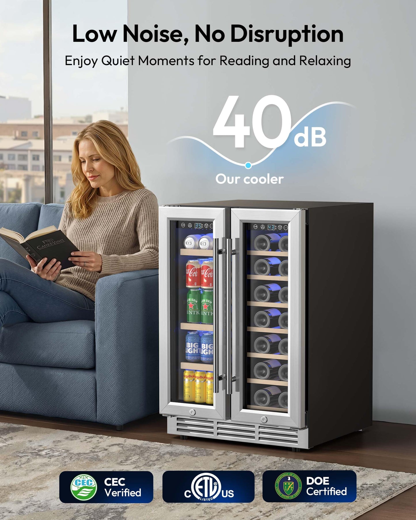 EUHOMY Wine and Beverage Refrigerator, 24 Inch Dual Zone Wine Cooler with Glass Door Hold 21 Bottles and 88 Cans, Built in or Under Counter Wine Fridge with Blue LED Light