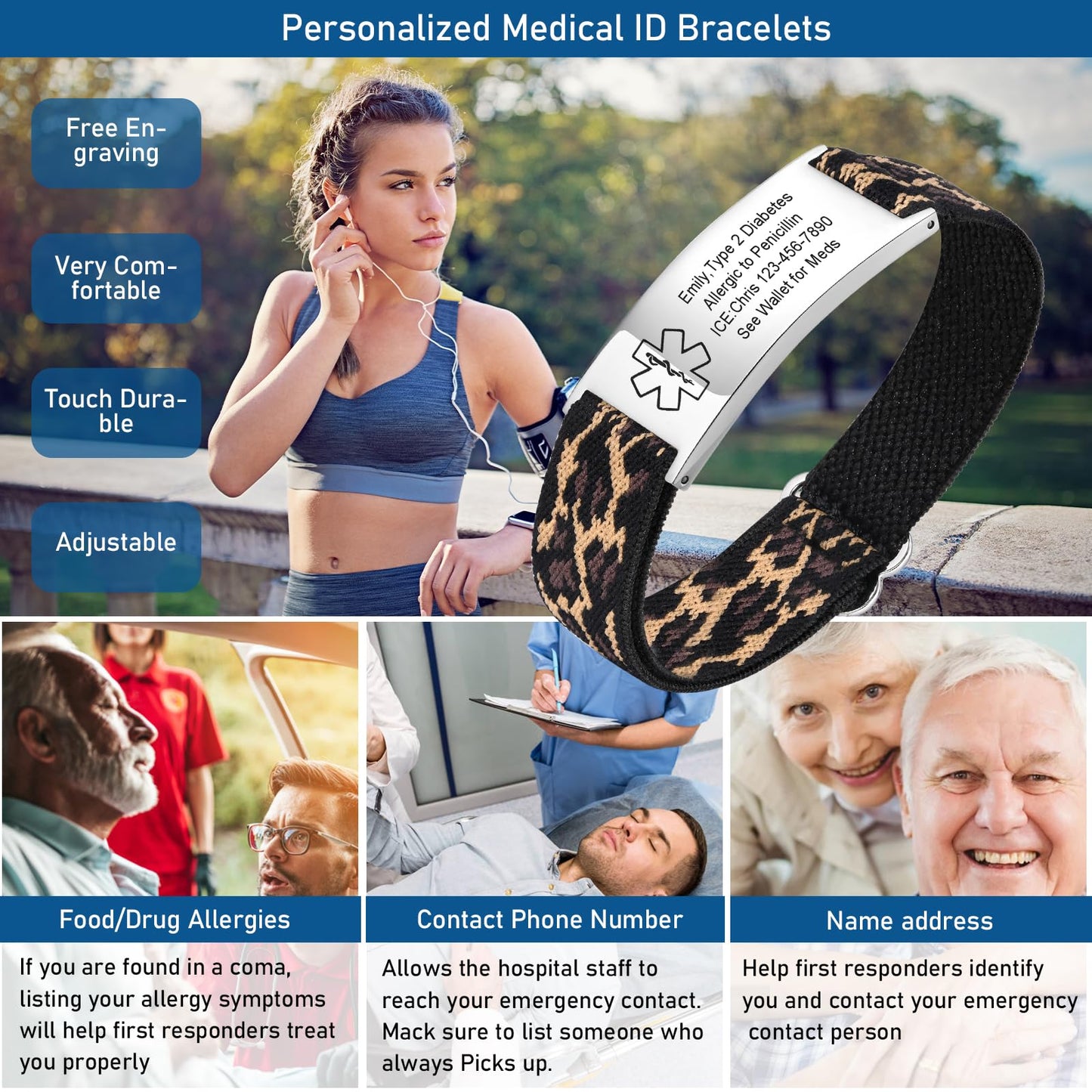 VNOX Medical Alert Bracelets for Men & Women Kids with Free Engraving Adjustable Stainless Steel Mesh Emergency Medical ID Bracelets Wristband