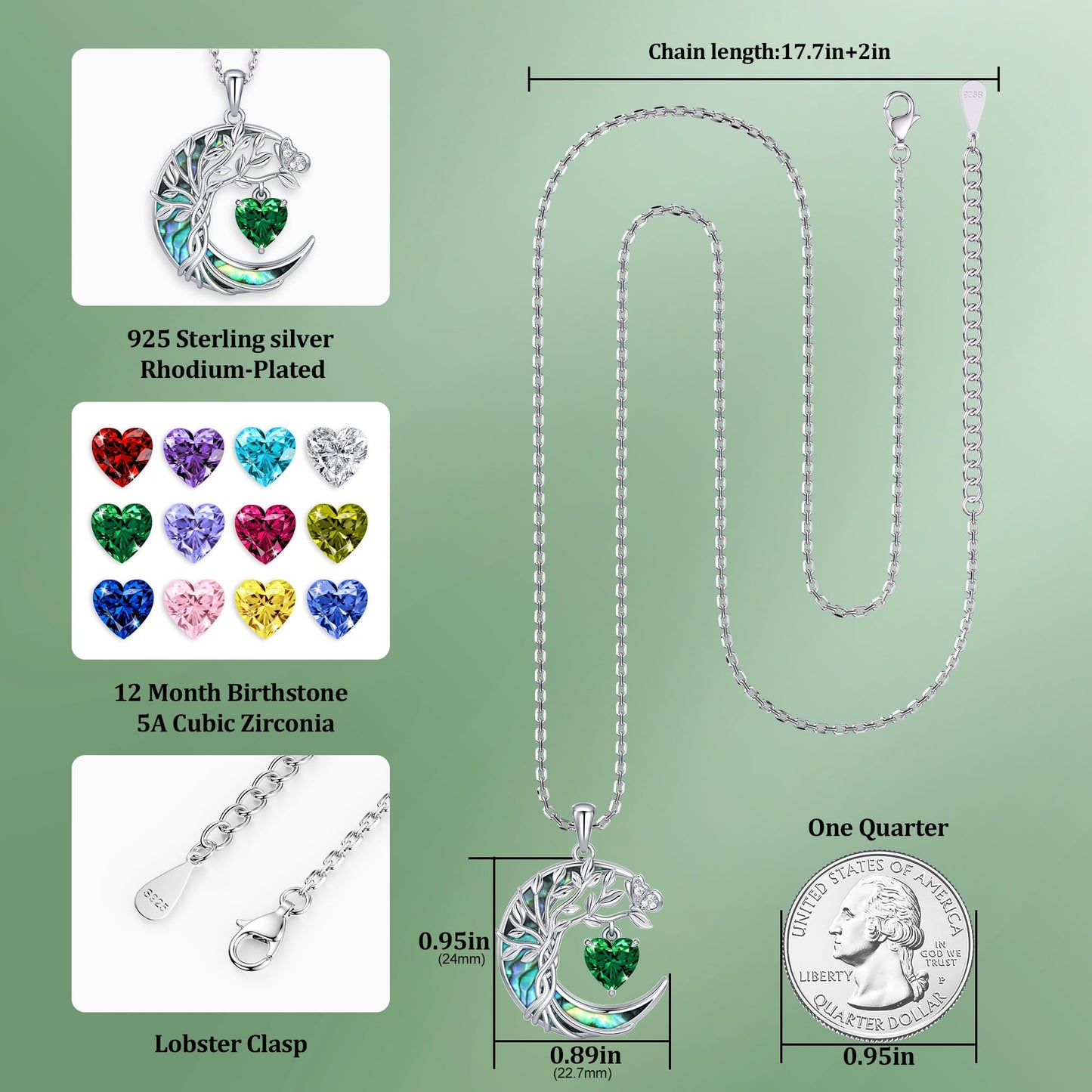 Distance Tree of Life Birthstone Necklace for Women, S925 Sterling Silver Premium Abalone Shell Moon Pendant May Heart Birthstone Necklace, Emerald Jewelry Christmas Birthday Gifts for Her Mom Wife