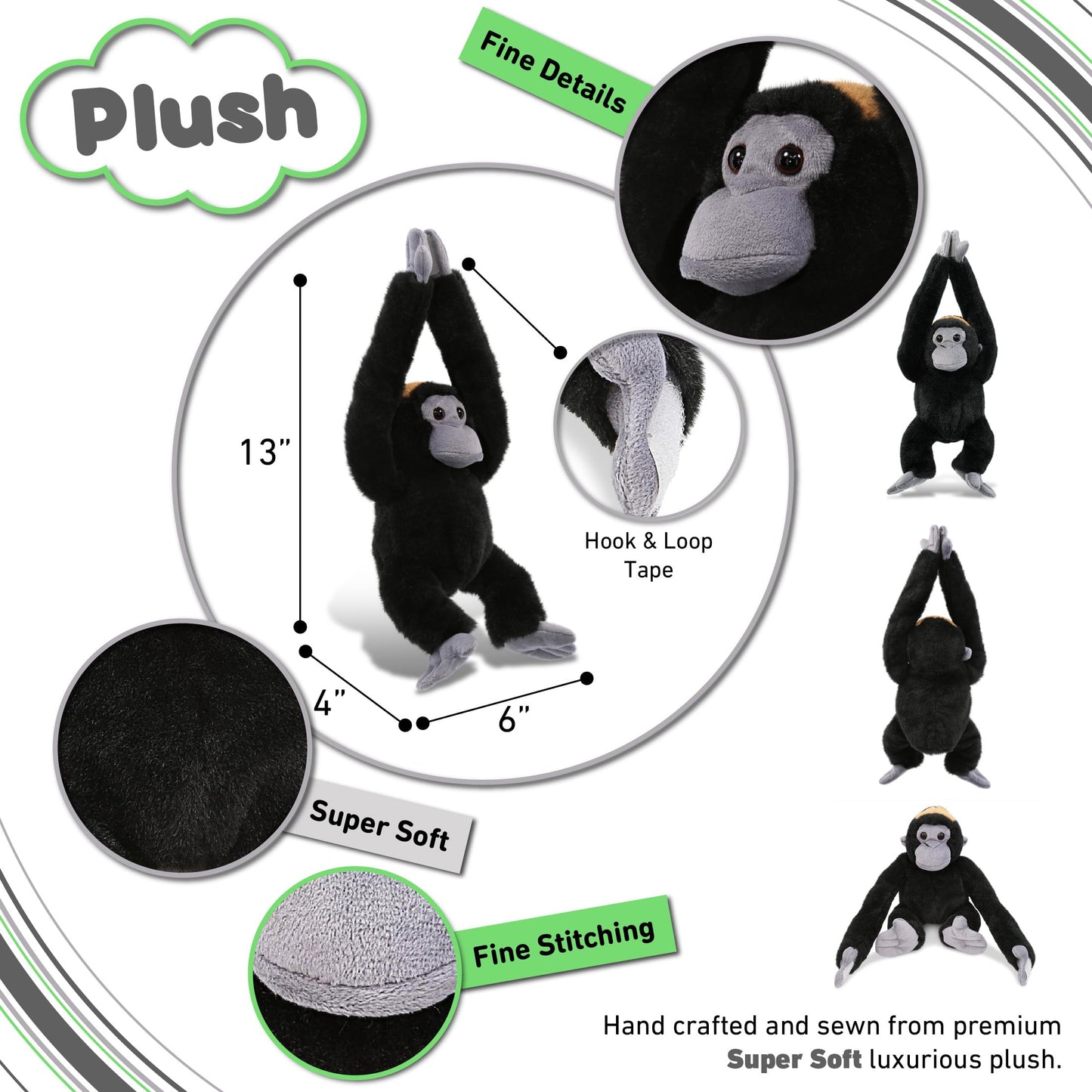 DolliBu Long Arms Hanging Monkey Plush Toy - Super Soft Stuffed Animal Monkey Toy, Cute Plush Wildlife Animal Toys for Kids and Adults - 13 Inches