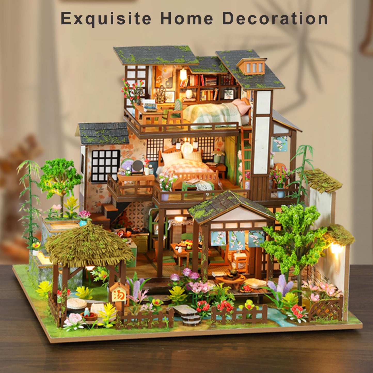 ISSEVE DIY Miniature House Kit, Tiny House Dollhouse Kit for Adults, Mini House Building Kits, Miniature Kit Adult Craft Diorama Kit Home Bookshelf Decoration, Birthday Gifts (Bamboo Spring Courtyard)