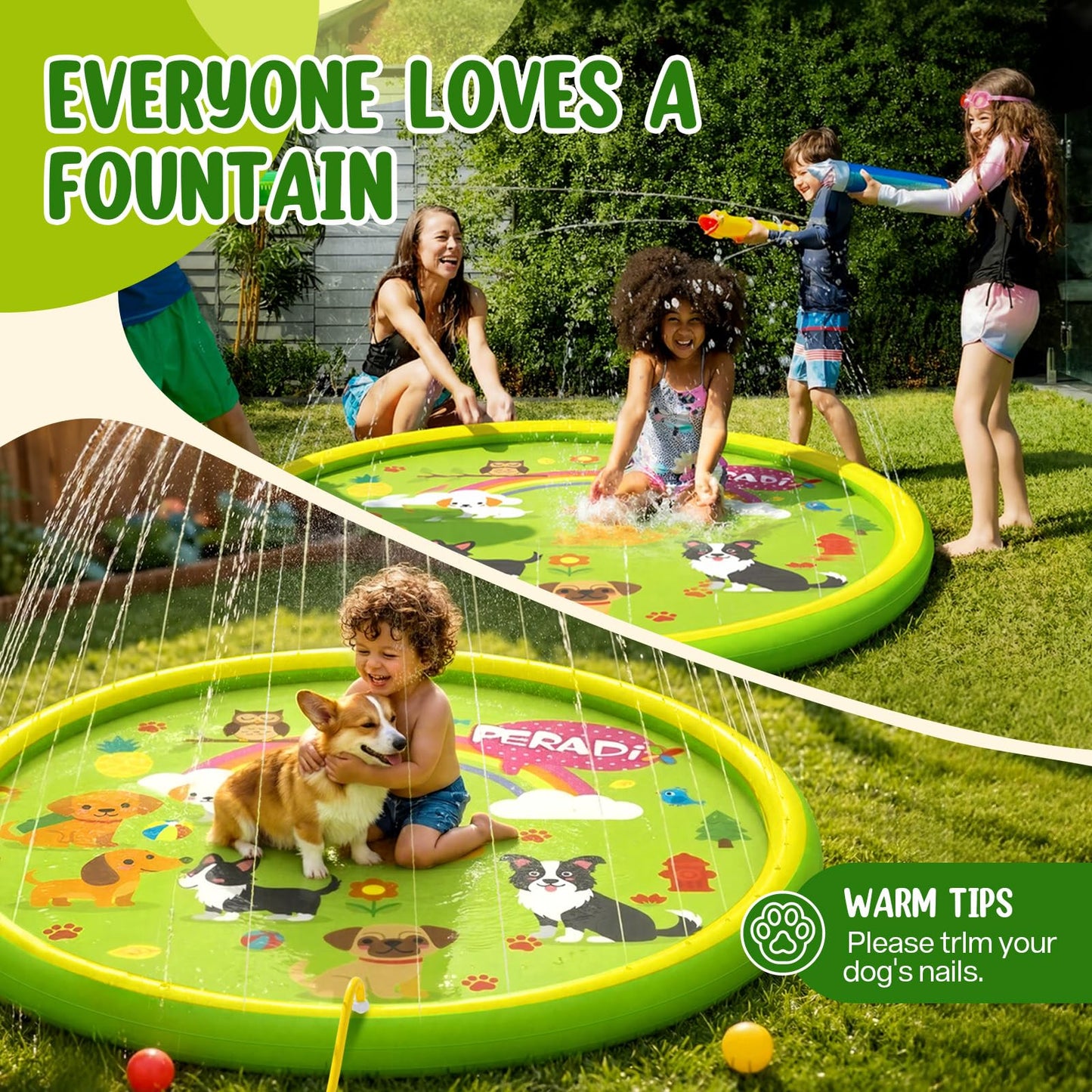 Peradix Splash Pads for Toddlers, 67" Kids Splash Pad with Inflatable Base, Dog Pattern Sprinkler Mat for Kids, Summer Water Toy for Backyard Garden Lawn, Baby Pool Learning Gift for Boys Girls Dogs