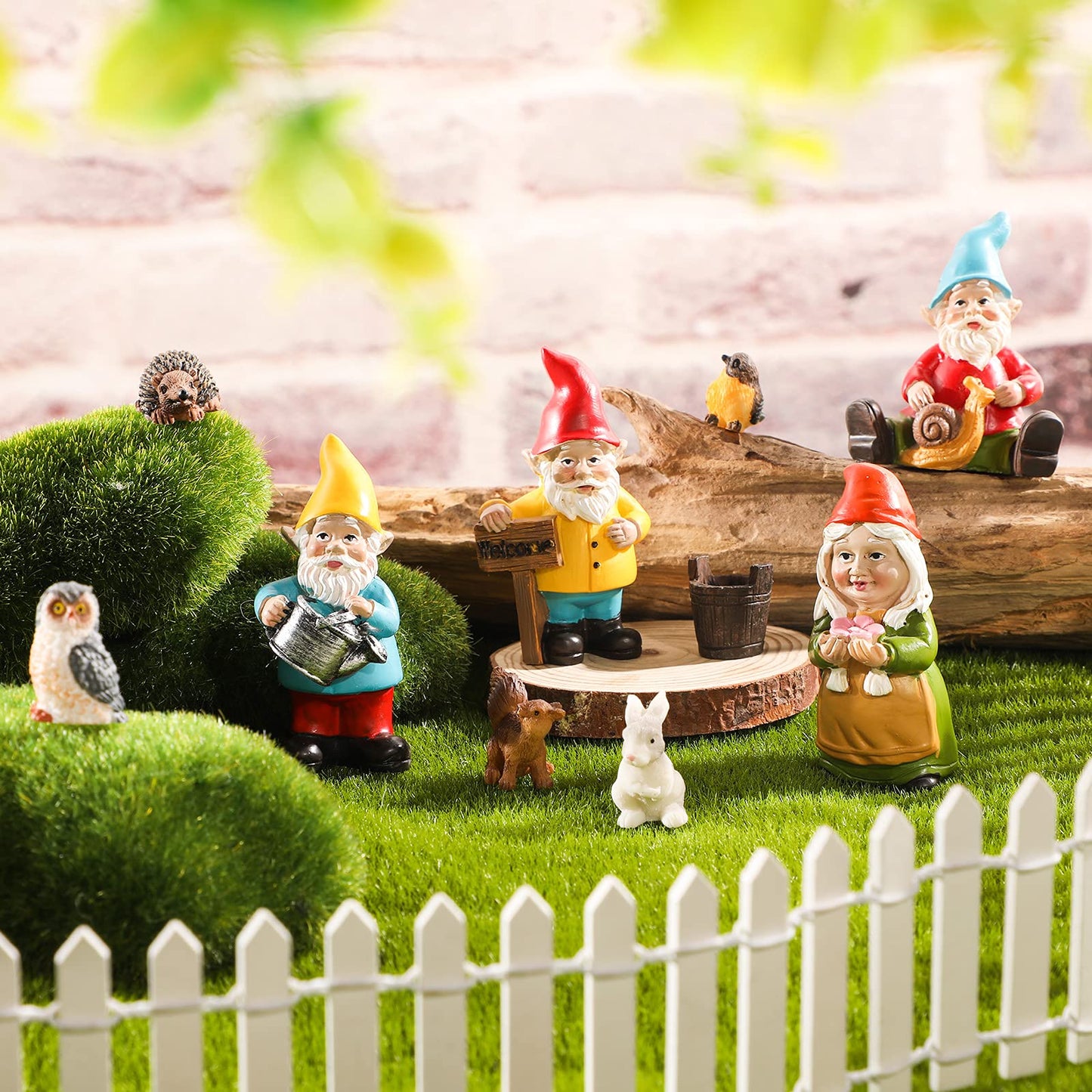 Jetec 10 Pcs Mini Fairy Gnomes Statue Garden Accessories Kit Miniature Garden Resin Gnomes Hand Painted Squirrel Hedgehog Owl Bird and Bucket Ornament for Yard Lawn Home Outdoor Decoration