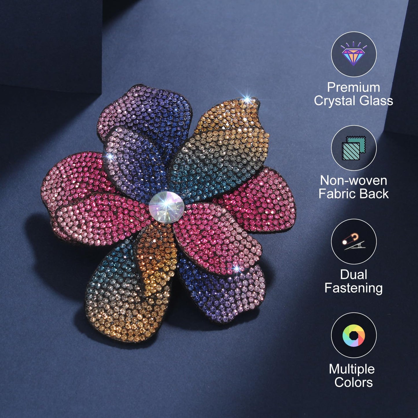 Merdia 3.74 Inches Rhinestone Camellia Flower Brooch Pins & Hair Clips for Women Elegant Created Crystal Lapel Pin Brooches Wedding Party Colorful