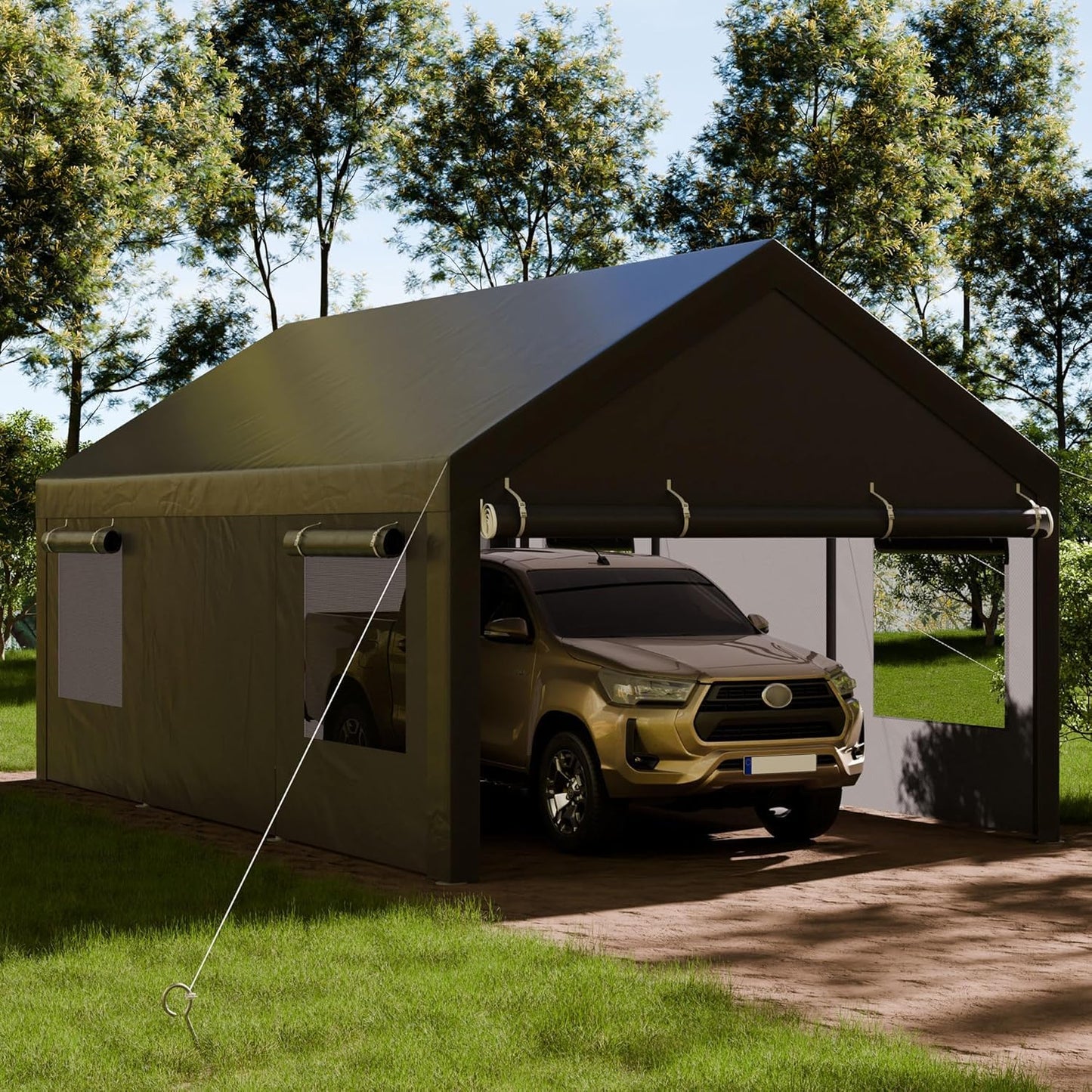 Shintenchi 12x20 FT Heavy-Duty Design Carport,Portable Garage Canopy,Carport Canopy with Side-Opening Removable Door & Roll-Up Window,Portable Car Port for Car, Truck, Boat,Grey