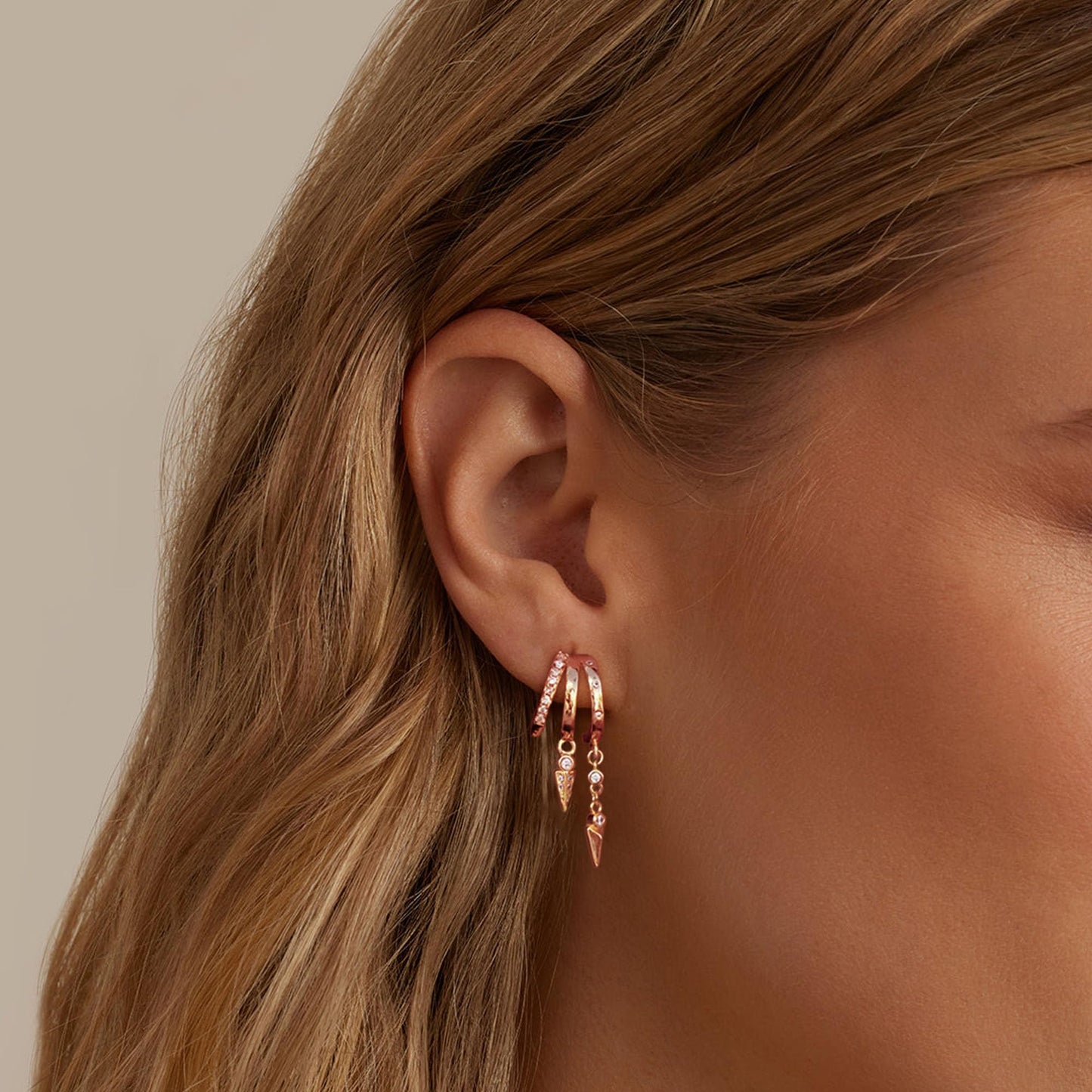 SELSHE Hoop Earrings for Women,Simple Rose Gold Dangle Earrings Dainty Triple Huggie Earrings Studs Hypoallergenic Statement Rose Gold Earrings for Women Trendy Cute Jewelry