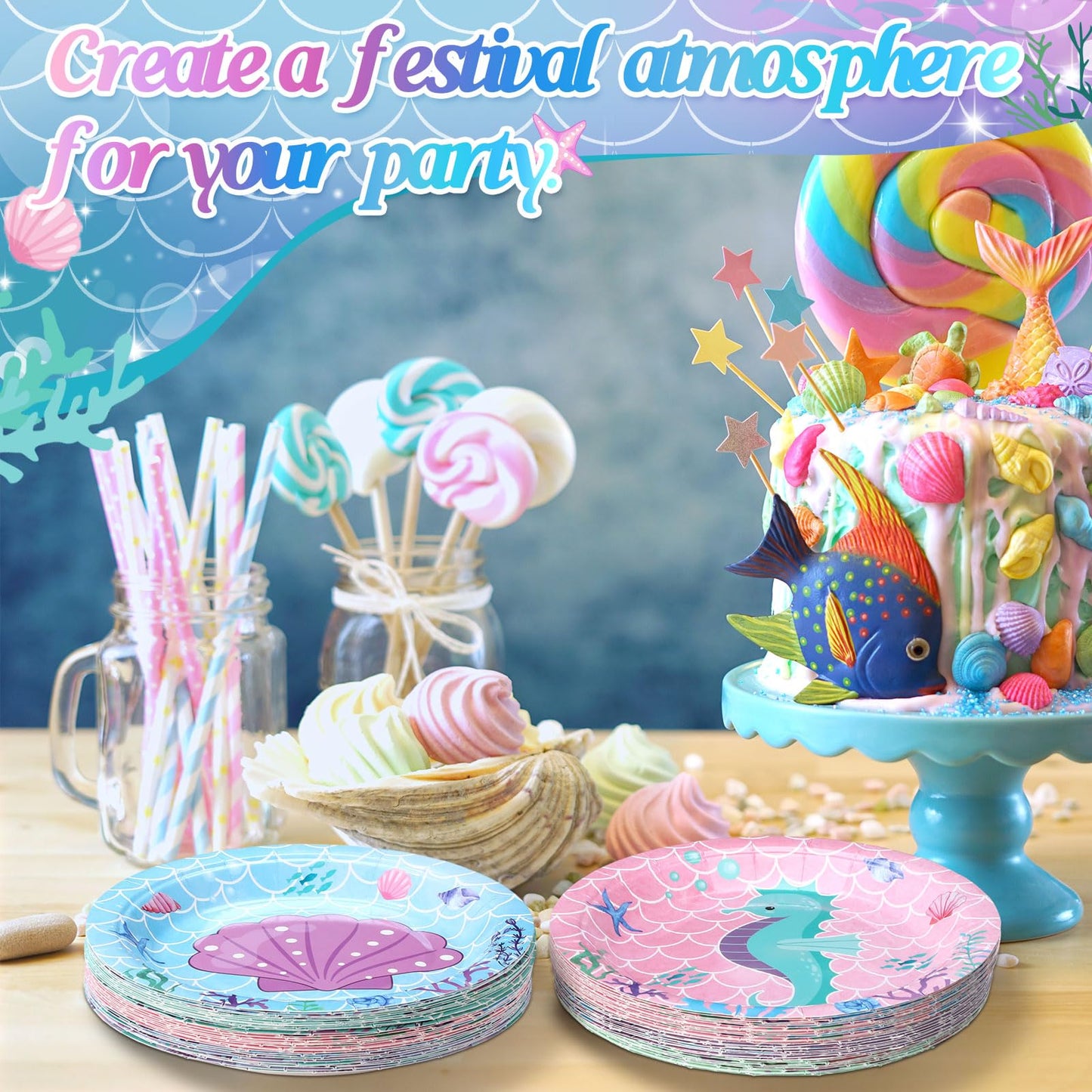 Funnymoom 60 Pcs Mermaid Birthday Party Decor 7 Inch Mermaids Dessert Paper Plates Under the Sea Disposable Dinner Cake Plates Princess Shell Dinnerware for Ocean Baby Shower Party Supplies