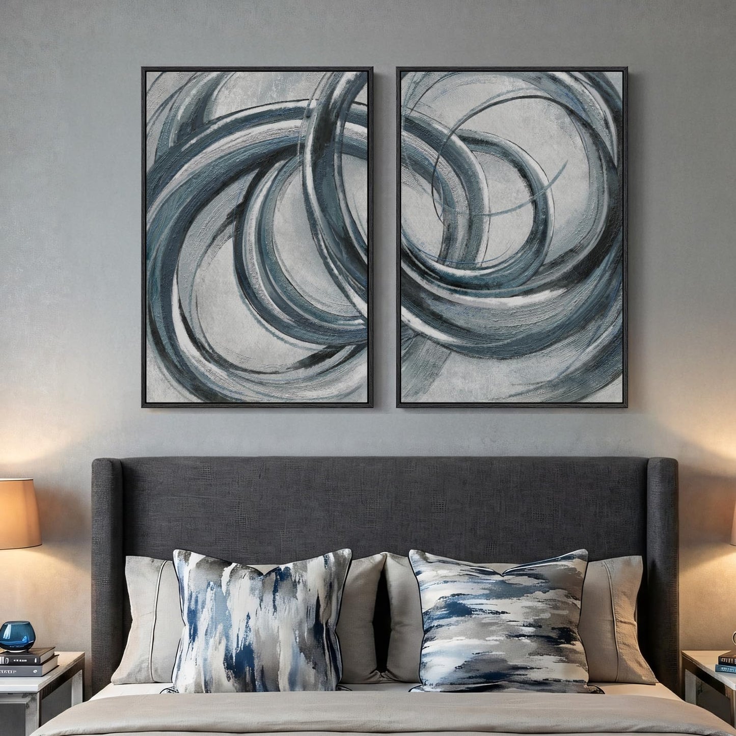 Framed Blue Gray Abstract Wall Art Set of 2, Modern Circle Line Canvas Artwork for Walls, Contemporary Abstract Paintings Prints for Living Room Bedroom Office Hallway Wall Decor, 24x36 In