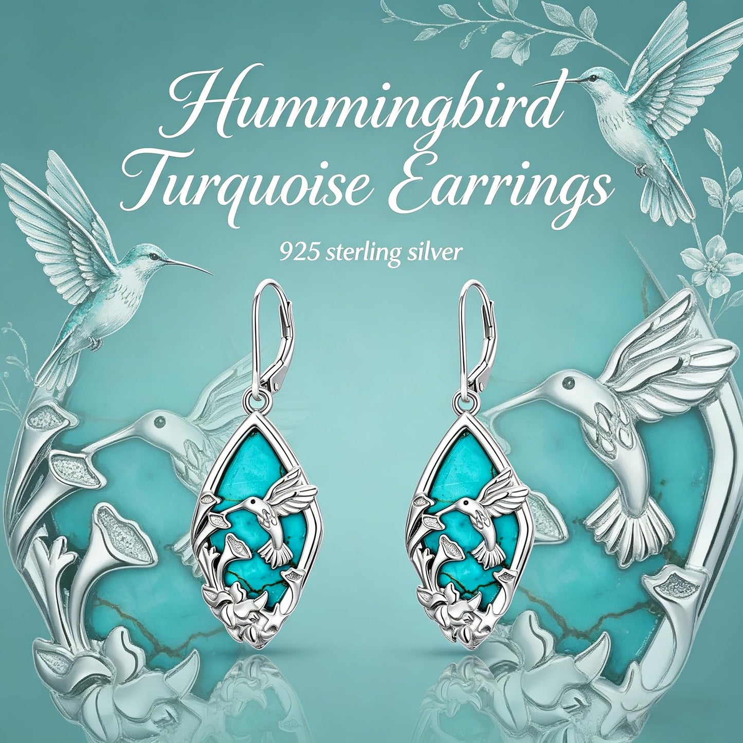 Eetaitai Hummingbird Earrings 925 Sterling Silver Natural Turquoise Jewelry Dangle Drop Earrings Western Boho Bird Flower Hummingbird Mothers Day Gifts for Mom Wife Sister