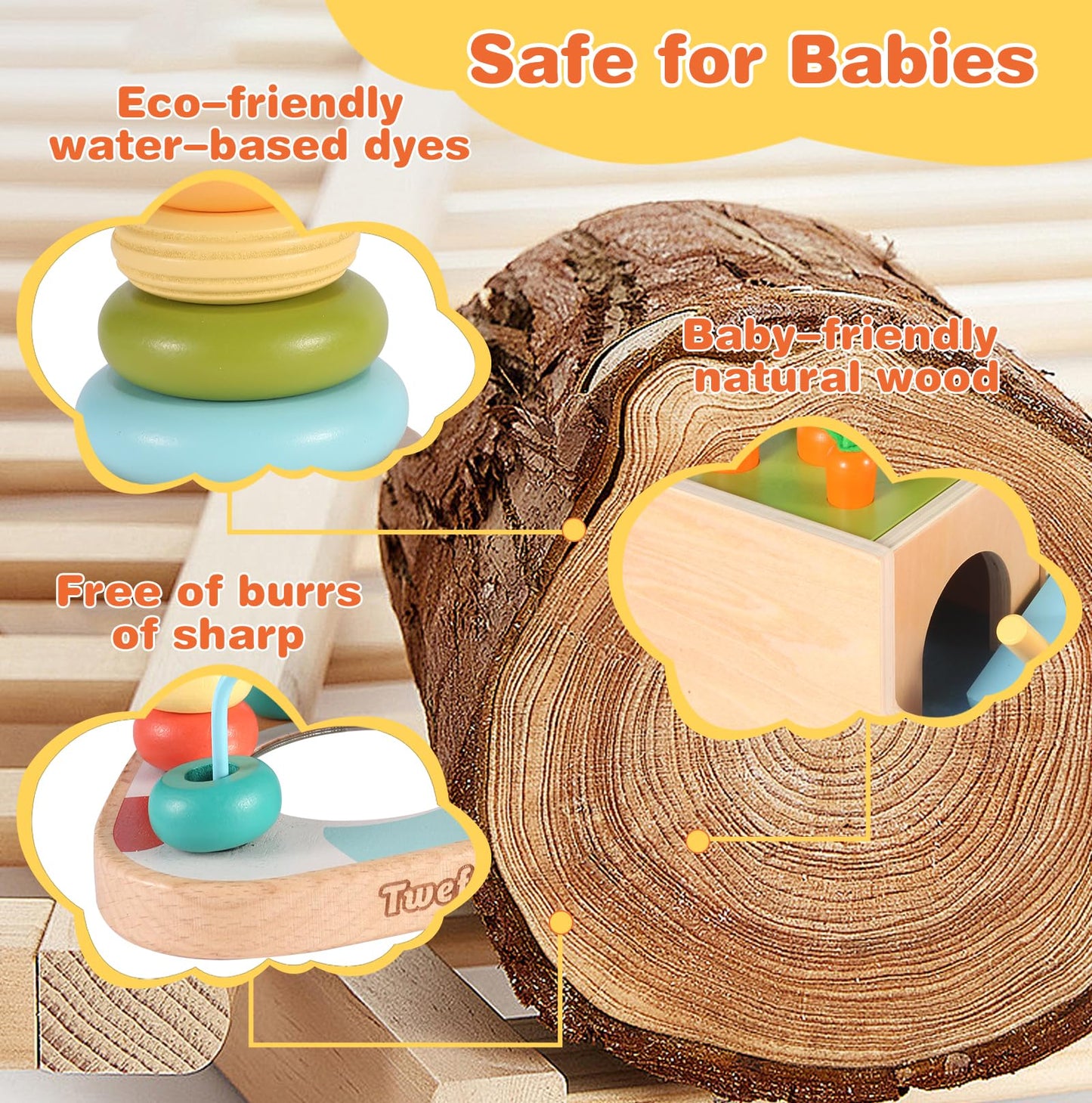 Twefex Wooden Montessori Learning Toys Kit,Babies Toys Set for 1 Year Old, Sensory and Thinking Play kit for Toddlers (Boys and Girls). 4 in 1 Drop Box; Rocking Stacker; Bead Maze.