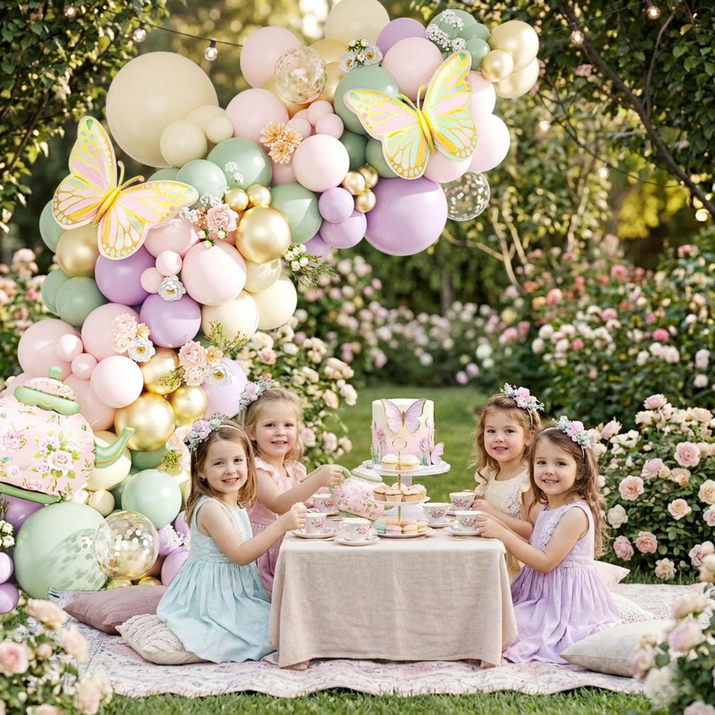 Tea Party Decorations Pastel Purple Pink Sage Green Gold Balloon Garland Arch Kit with Teapot Butterfly Foil Balloon for Tea Party Princess Birthday Spring Garden Baby Shower Bridal Shower Decoration