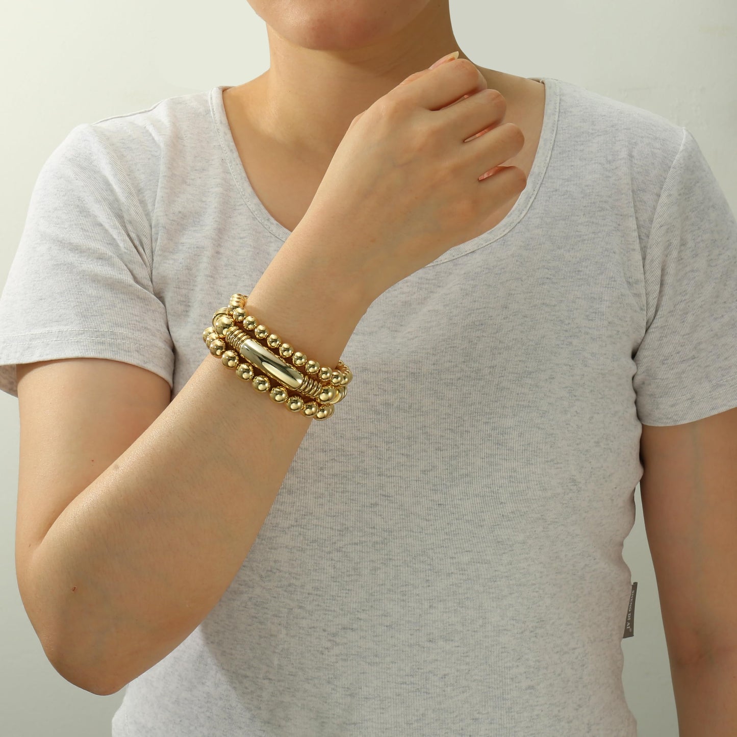 Gold Bangles Bracelet for Women Chunky Curved Stacking Plated Bead Ball Stretchable Bracelets